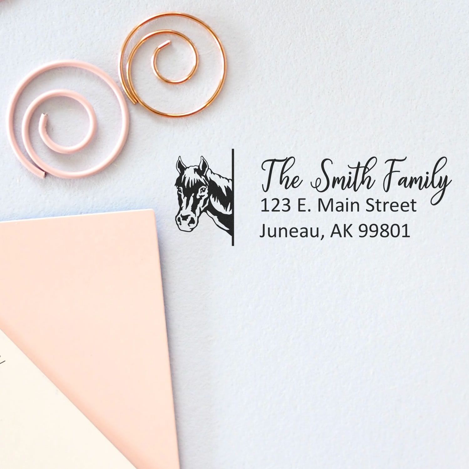 Custom horse return address rubber stamp with The Smith Family and Juneau, AK address on a mail envelope.