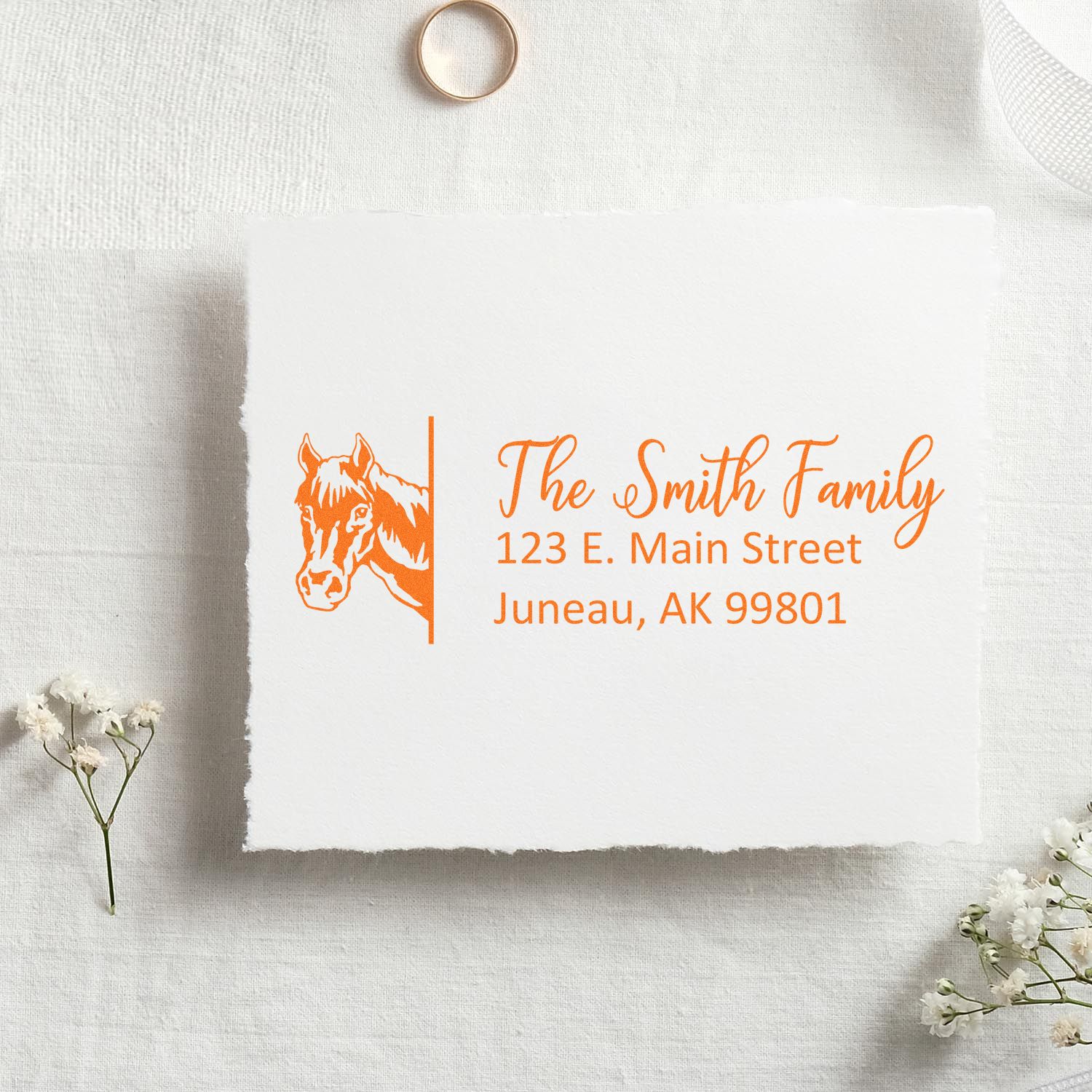 Custom horse return address rubber stamp with The Smith Family name and Juneau, AK address.