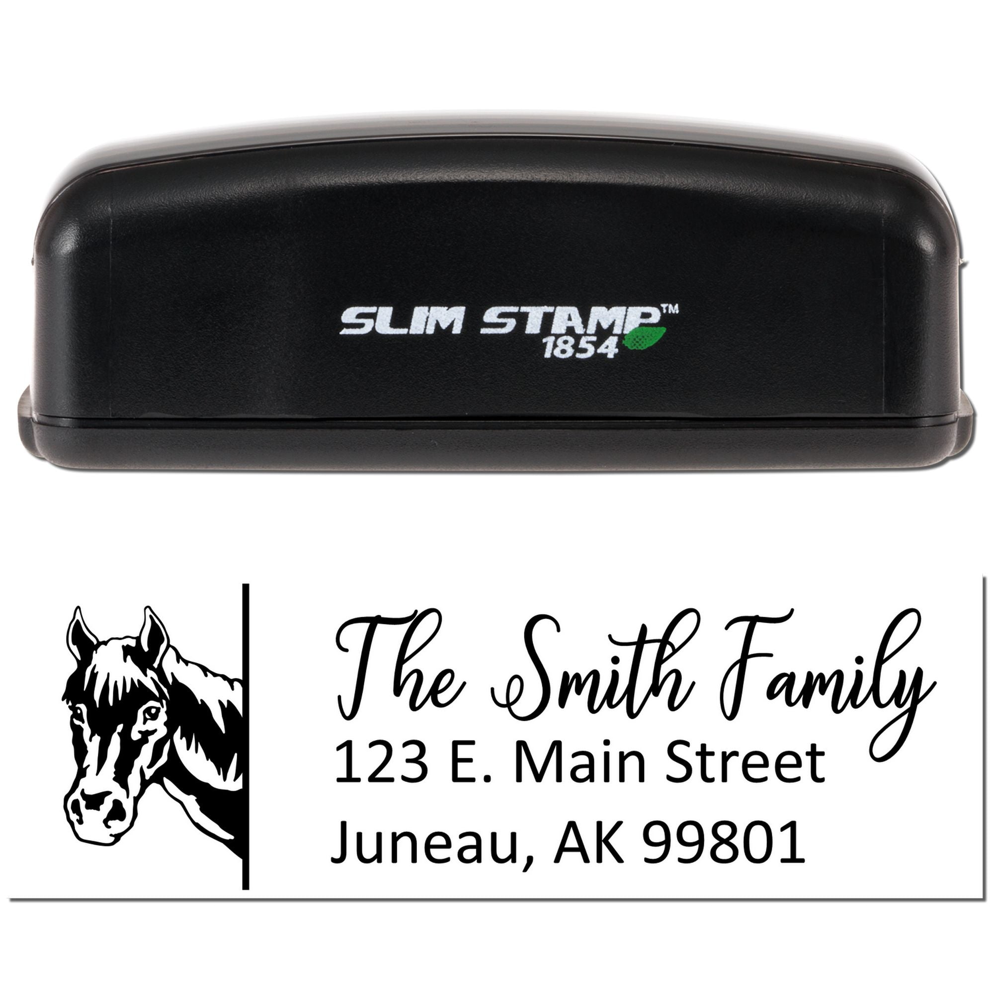 Slim Stamp 1854 self-inking rubber stamp with horse logo and custom return address for The Smith Family, Juneau, AK