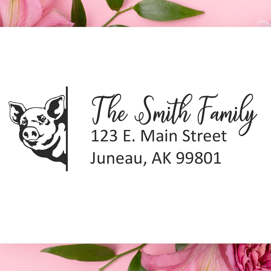 Custom pig return address rubber stamp for The Smith Family, 123 E. Main Street, Juneau, AK 99801