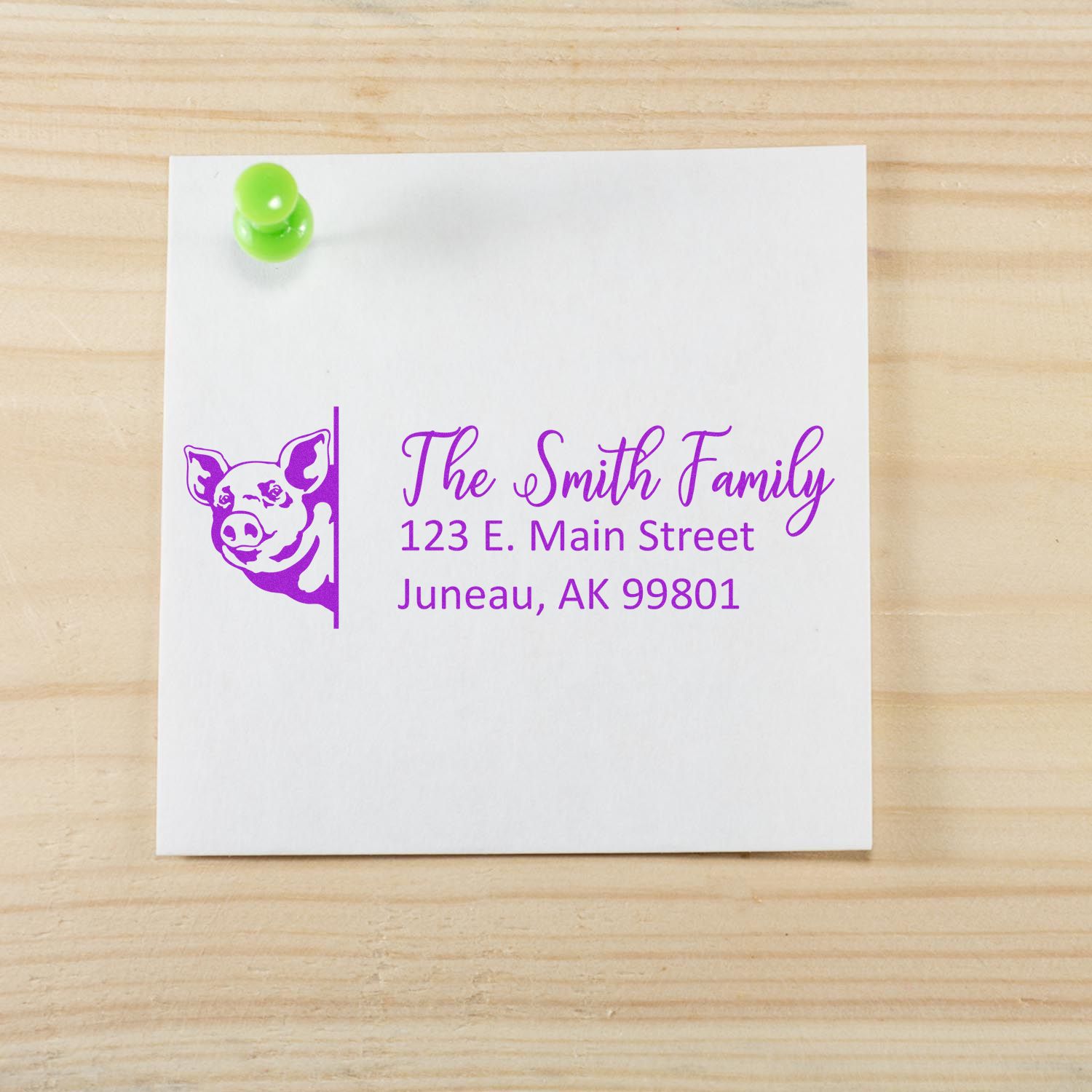 Custom pig return address rubber stamp for The Smith Family with name and Juneau, AK address