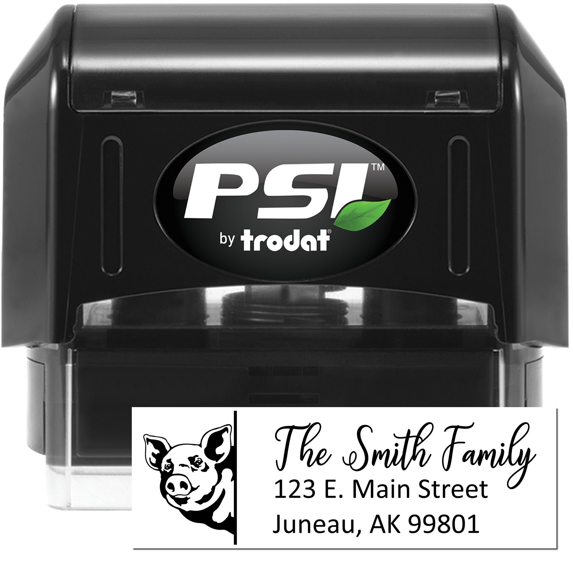 Custom self-inking address rubber stamp by PSI Trodat with pet portrait and personalized family mailing address.