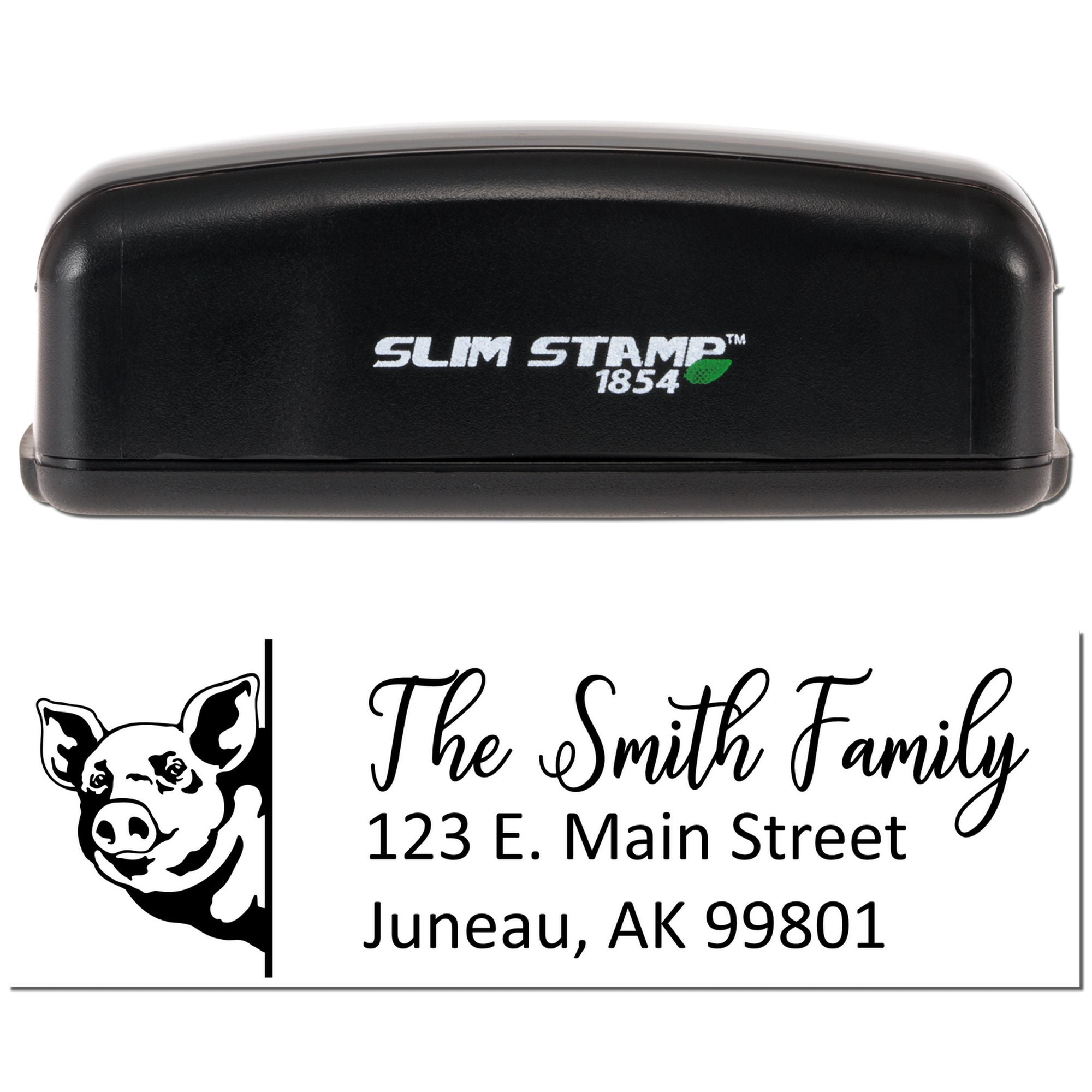 Custom Slim Stamp 1854 rubber stamp with pig logo and Smith Family address for personalized return address stamping.