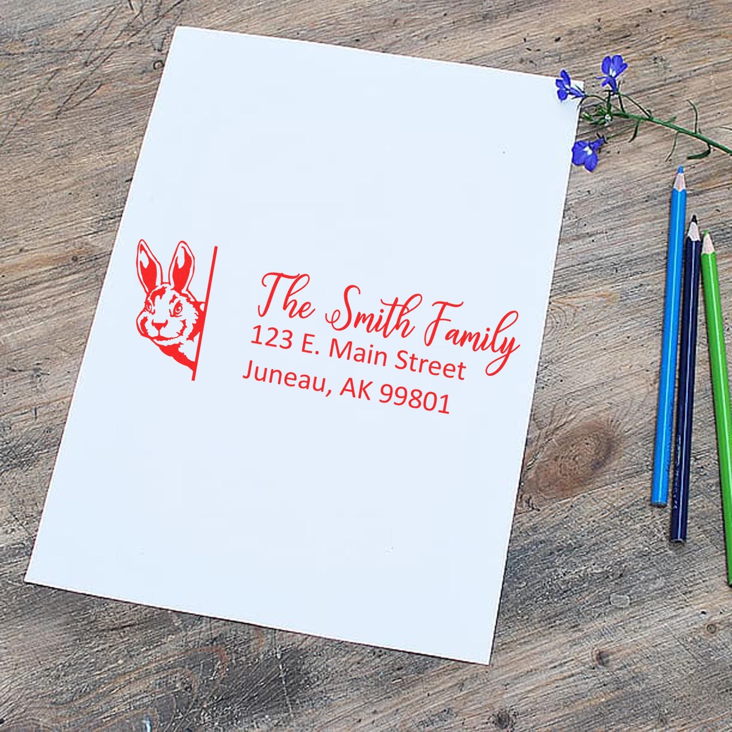 Personalized rabbit return address rubber stamp for The Smith Family, ideal for envelopes, stationery, and cards.