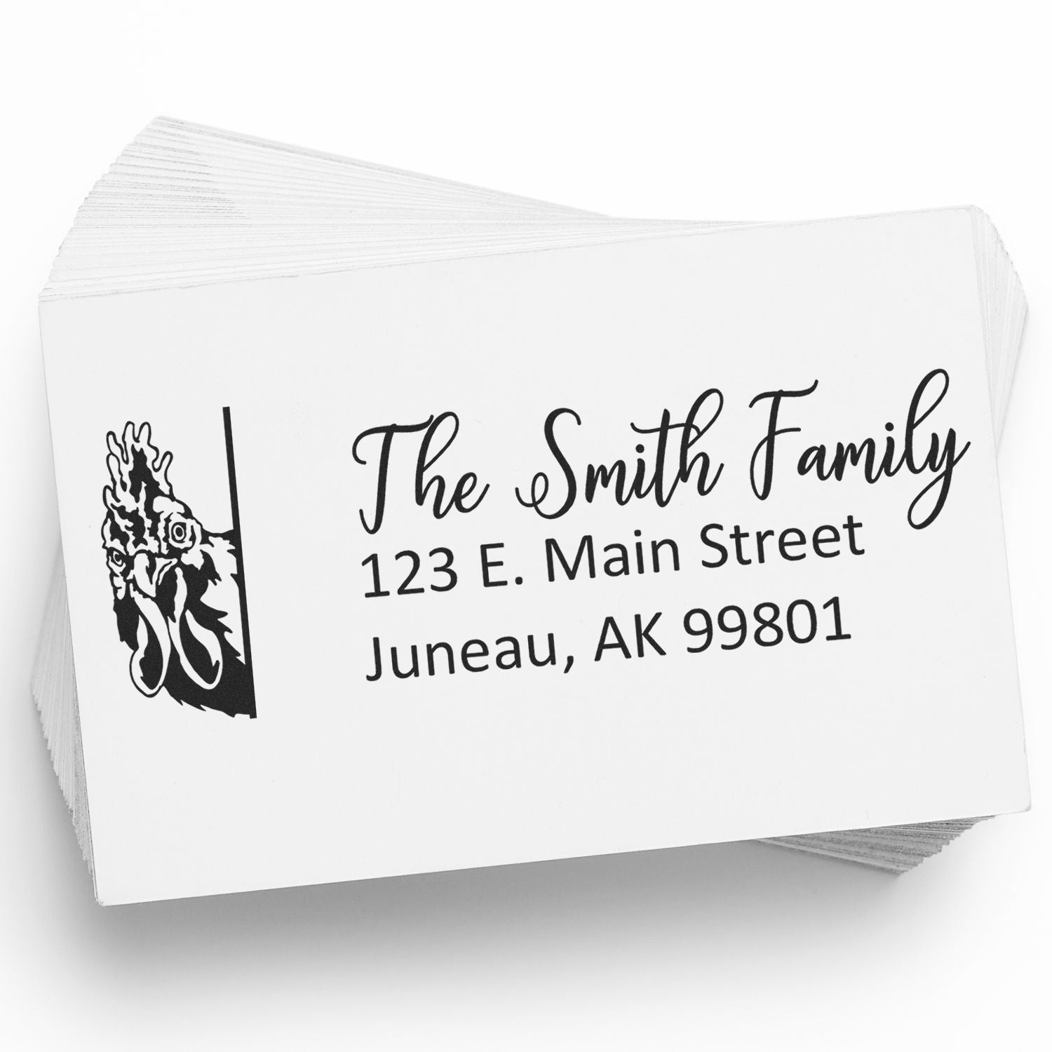 Personalized family return address rubber stamp with chicken illustration, The Smith Family, Juneau, AK.