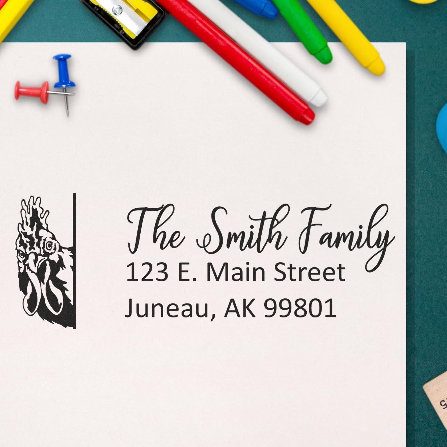 Personalized custom rubber stamp with rooster graphic and Smith family return address for envelopes.