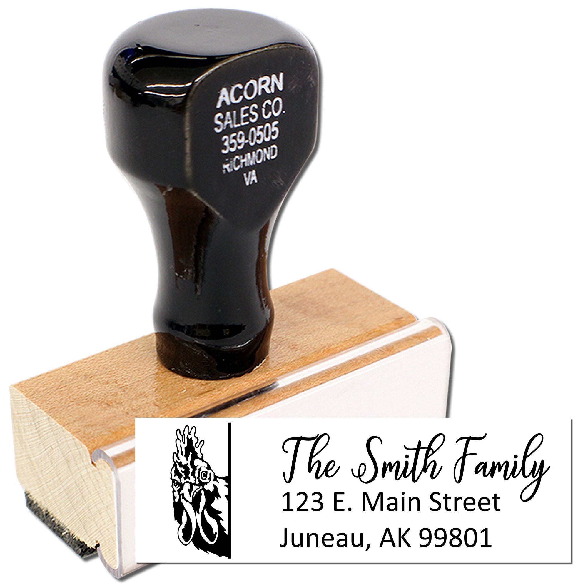 Custom address rubber stamp with family name and return address for envelopes, cards, and business mail.