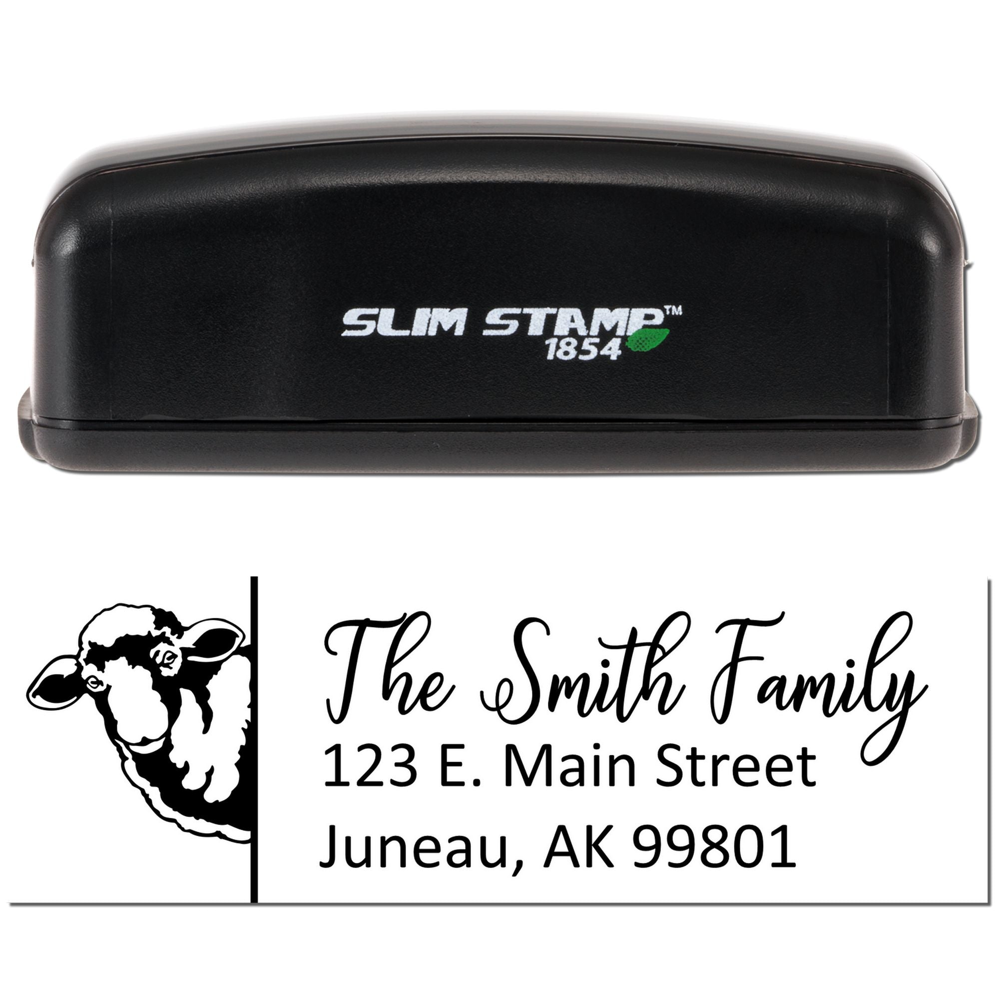 Personalized Slim Stamp 1854 custom rubber address stamp with sheep logo for The Smith Family Juneau, AK.