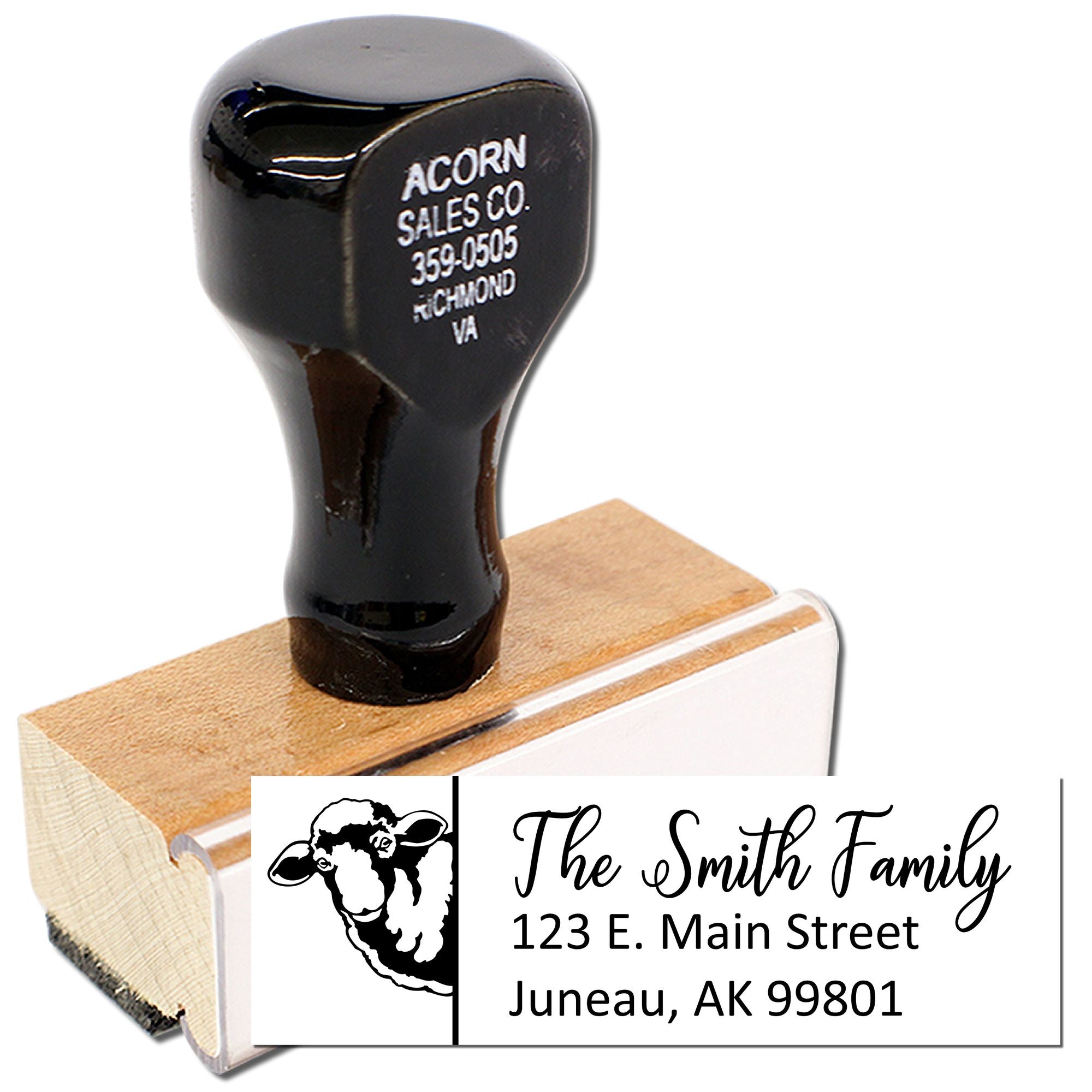 Custom rubber address stamp with sheep logo and The Smith Family return address for personalized mailing.
