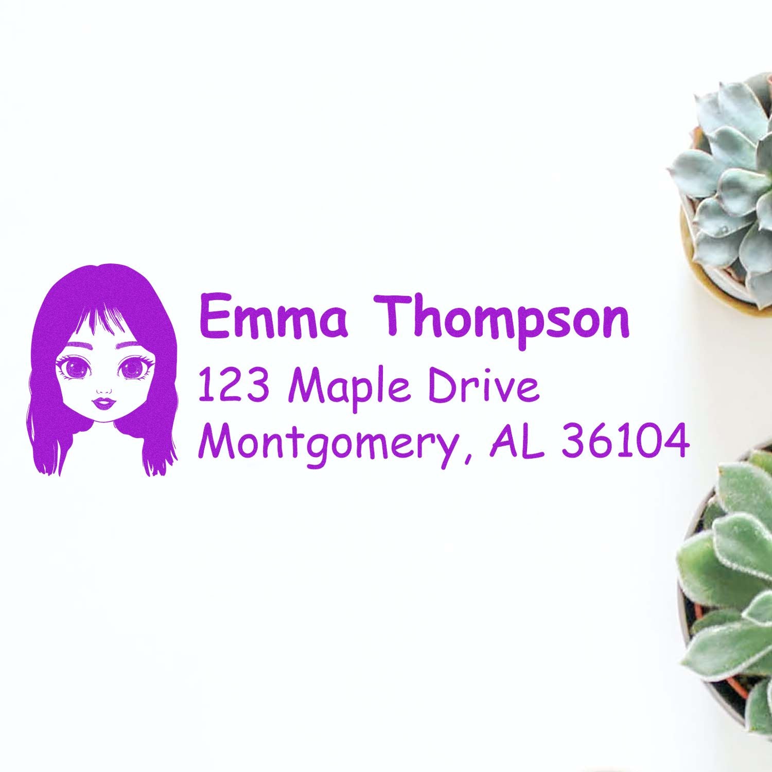 Personalized address rubber stamp with girl portrait, Emma Thompson, 123 Maple Drive, Montgomery, AL 36104