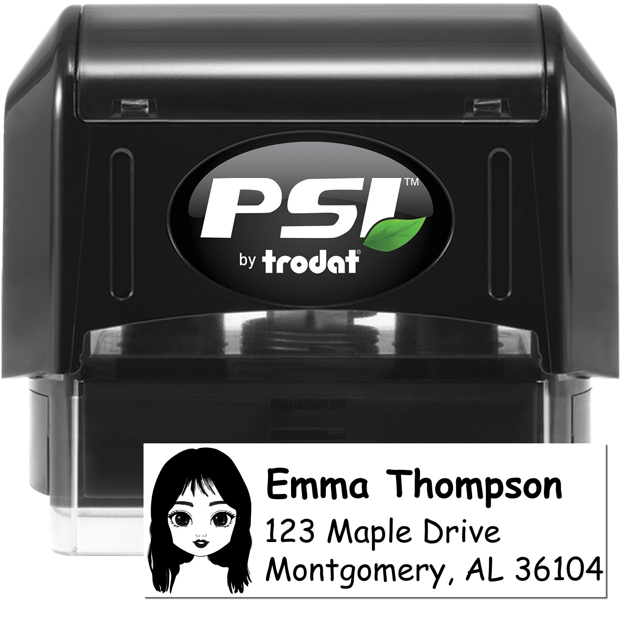 Custom self-inking rubber address stamp by PSI Trodat with name and mailing address for fast envelope labeling.