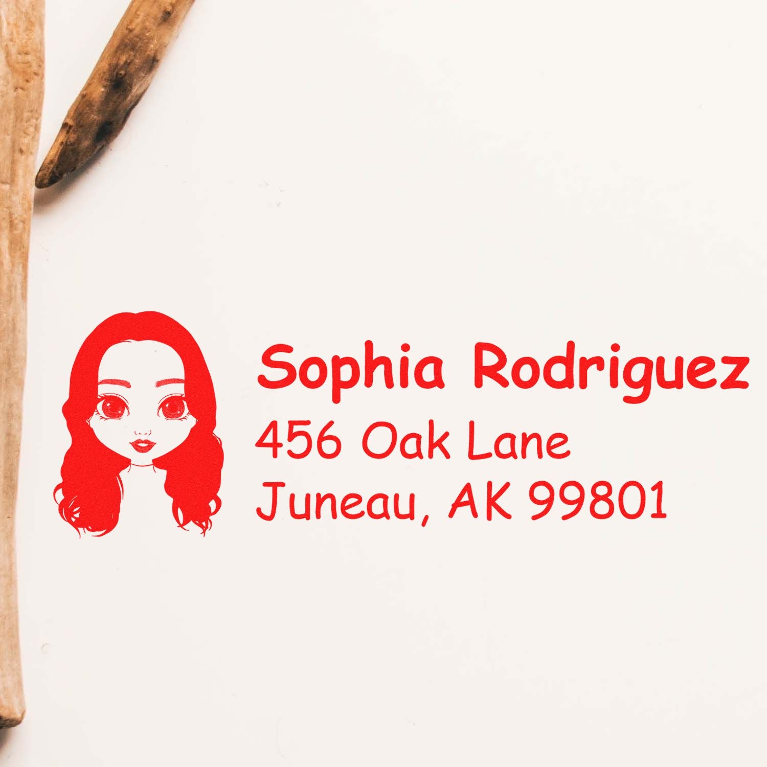 Custom return address rubber stamp with female avatar, Sophia Rodriguez, 456 Oak Lane, Juneau, AK 99801 in red ink.
