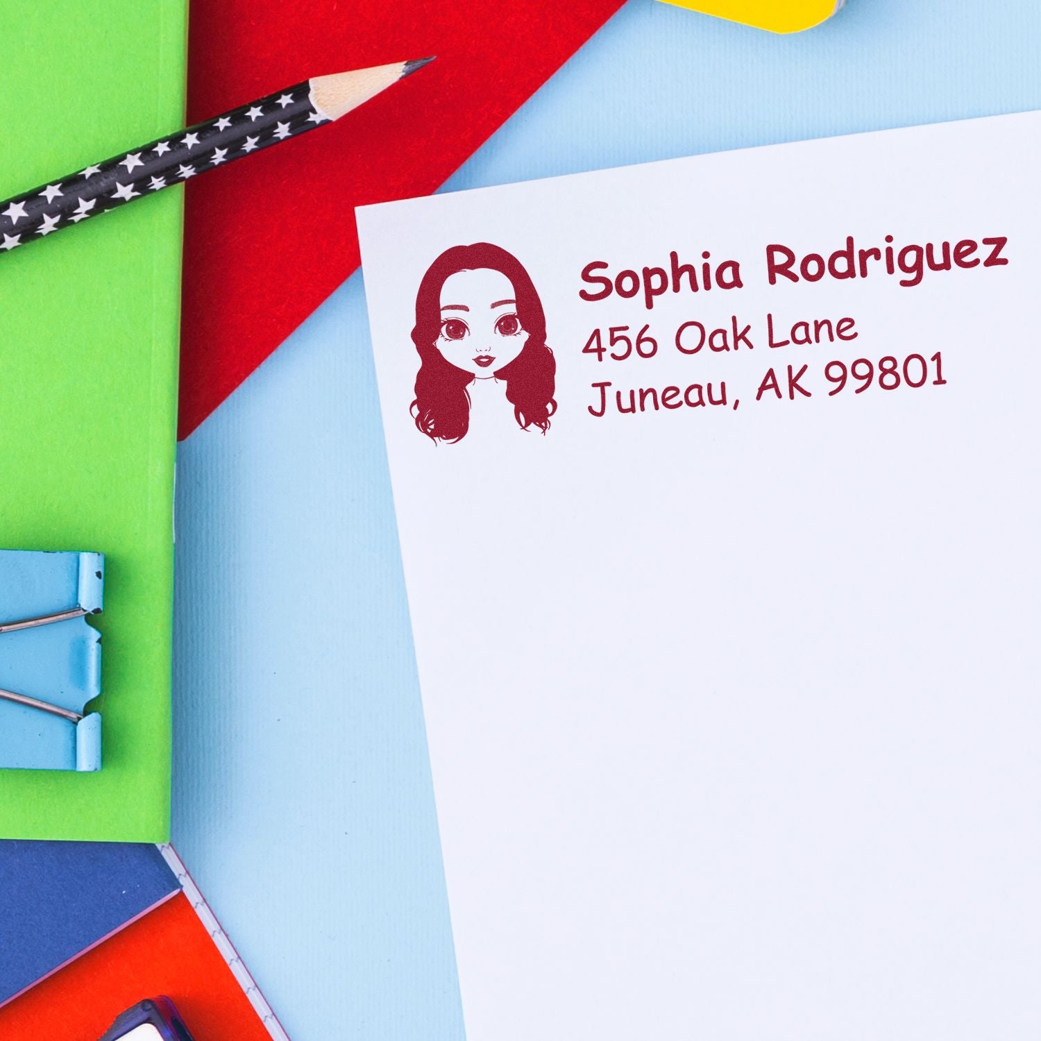 Personalized return address rubber stamp for envelopes, featuring Sophia Rodriguez and custom red ink avatar design.