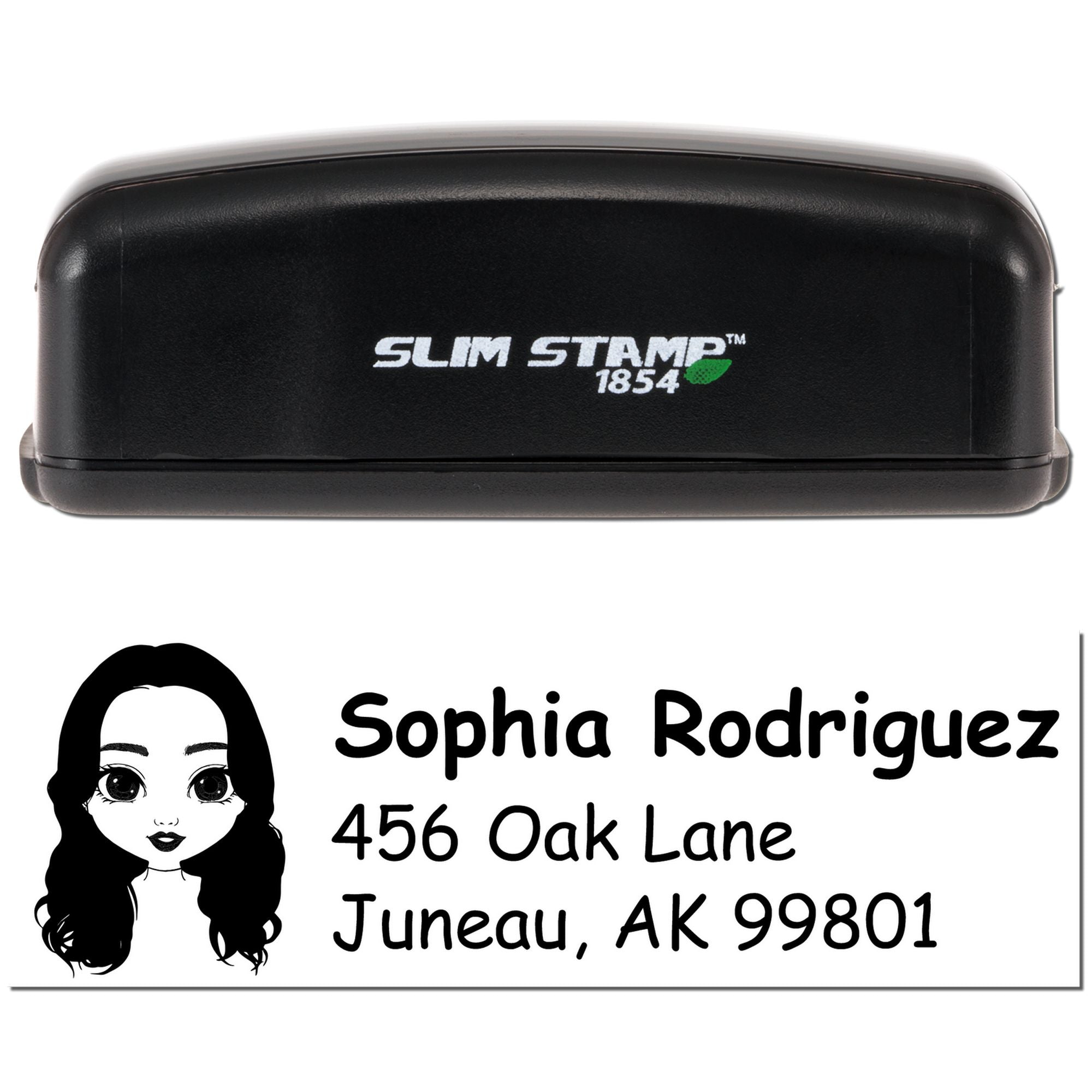 Custom address rubber stamp with Slim Stamp 1854 self-inking case for personalized mailing and return address use.