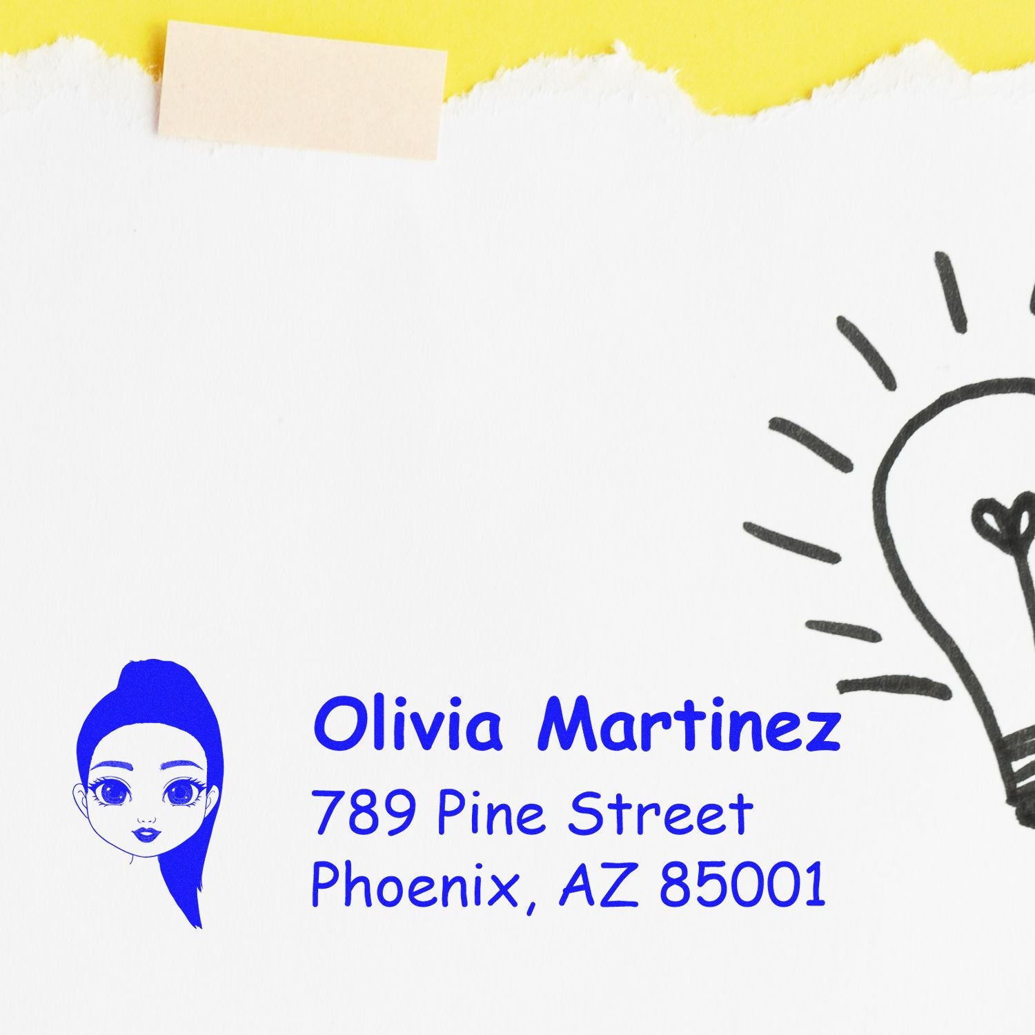 Custom return address rubber stamp with illustrated avatar for Olivia Martinez, Phoenix, AZ 85001.