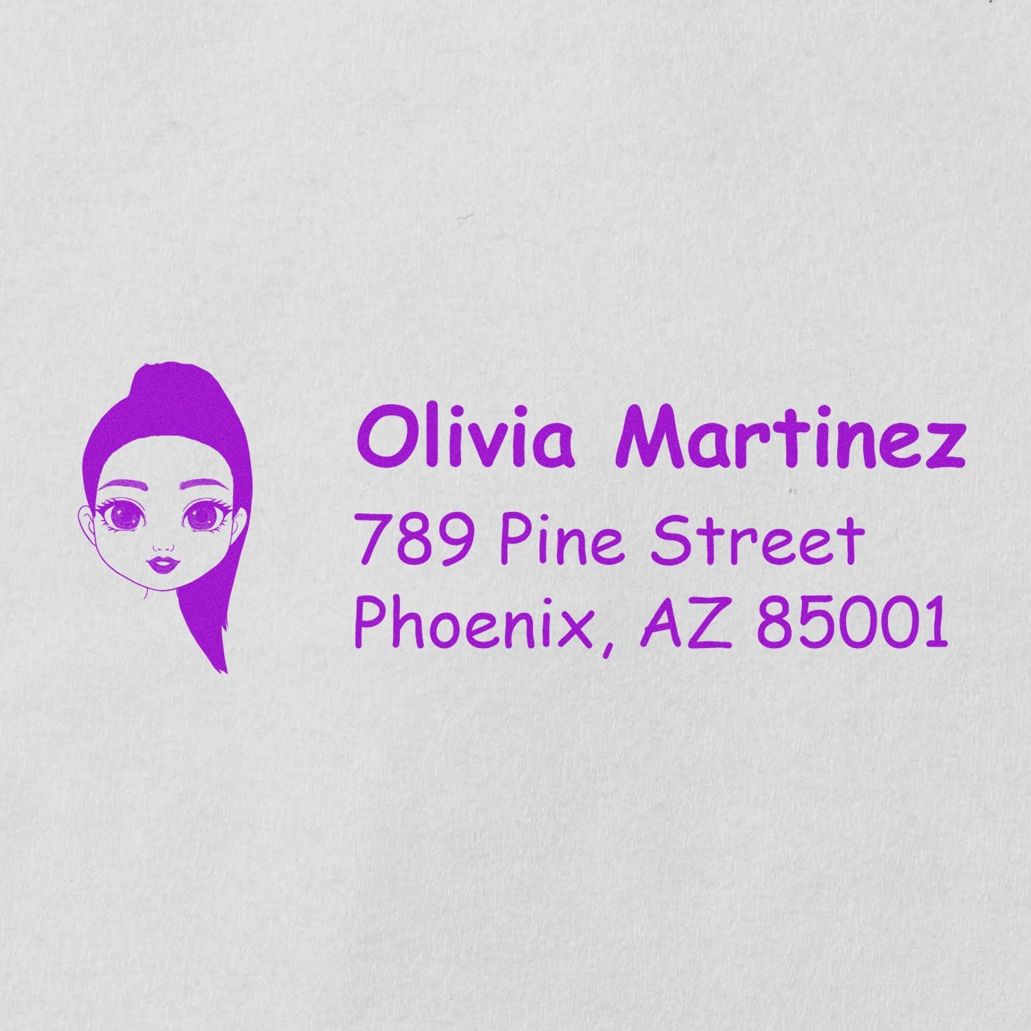 Personalized return address rubber stamp with woman avatar, Olivia Martinez, Phoenix, AZ 85001.