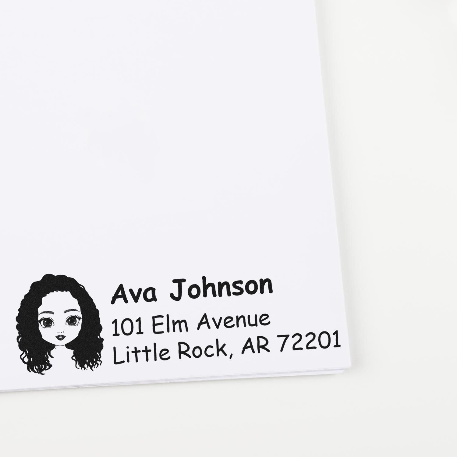 Custom return address rubber stamp with girl portrait, featuring Ava Johnson and Little Rock, AR address