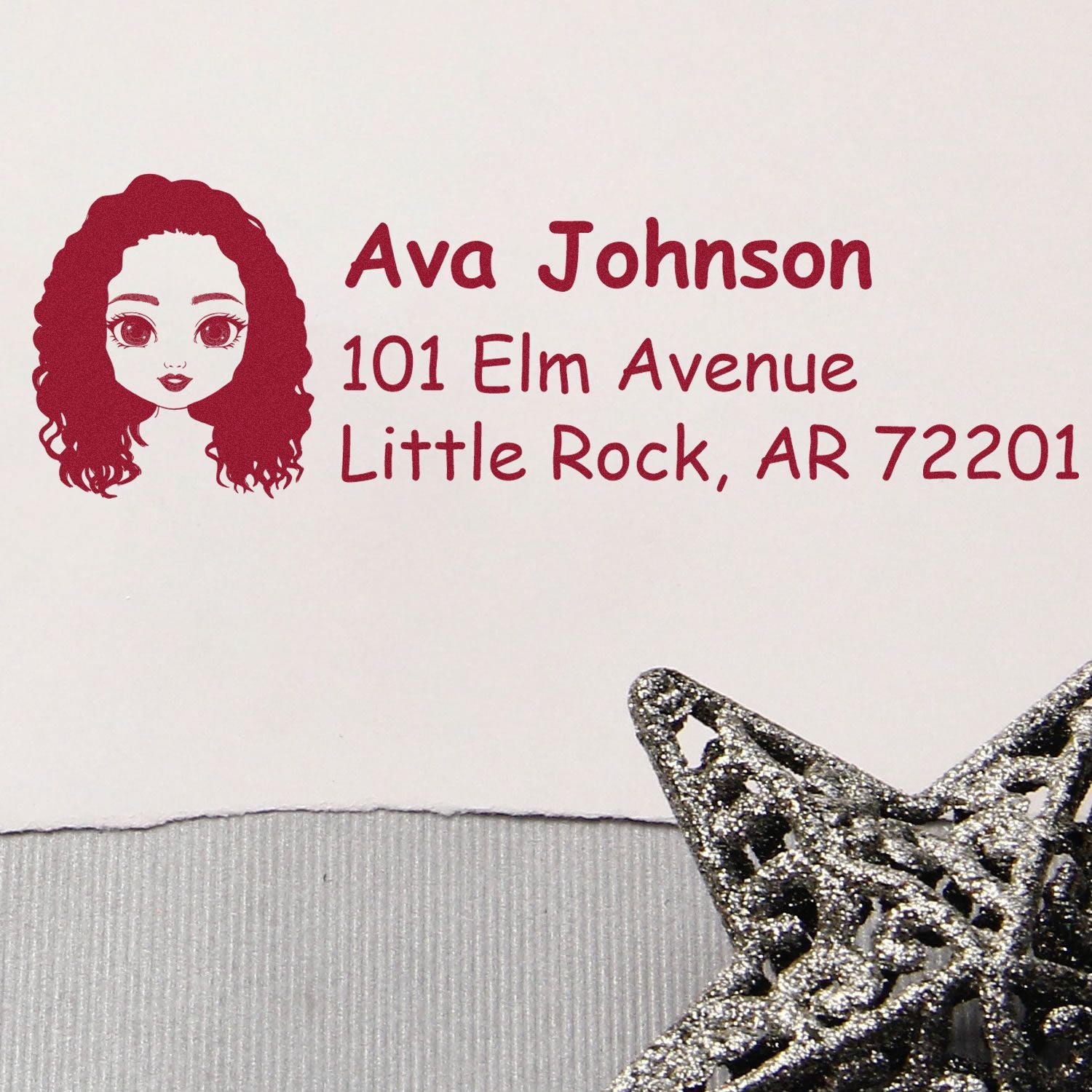 Personalized return address rubber stamp with female avatar, Ava Johnson, 101 Elm Avenue, Little Rock, AR 72201