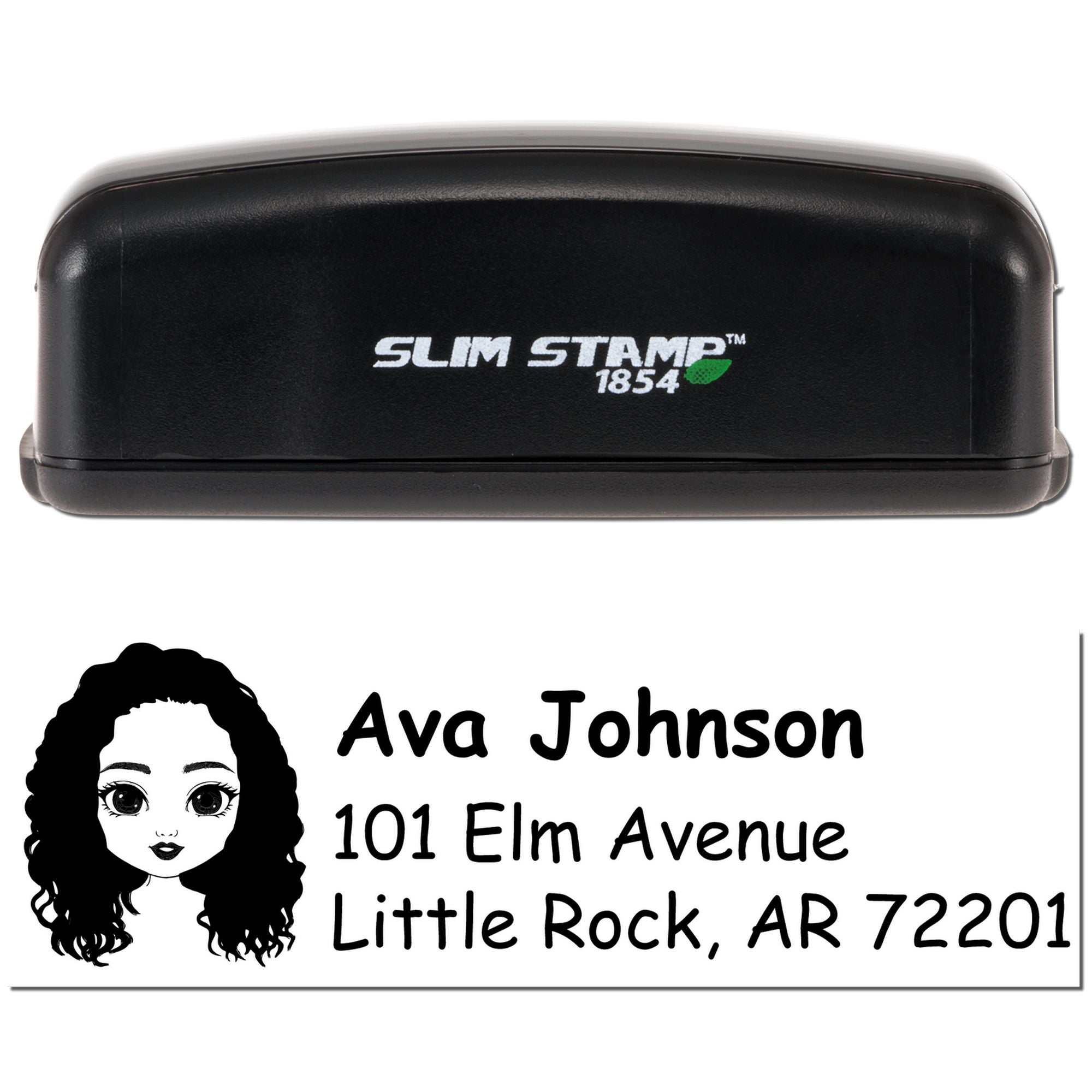 Personalized return address rubber stamp by Slim Stamp 1854 for Ava Johnson, Little Rock, AR 72201 with portrait icon.