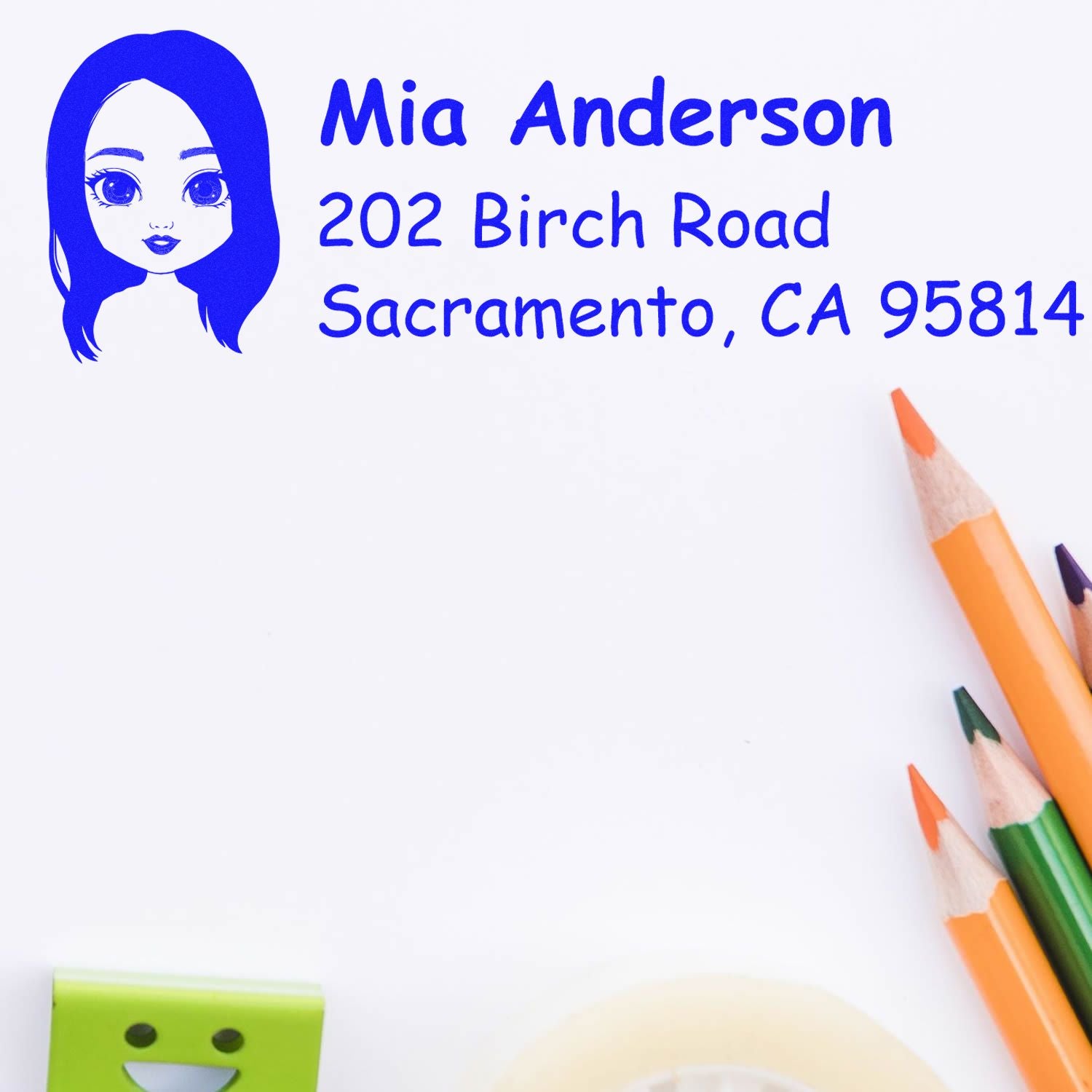 Custom rubber address stamp with girl avatar, Mia Anderson, 202 Birch Road, Sacramento, CA 95814.