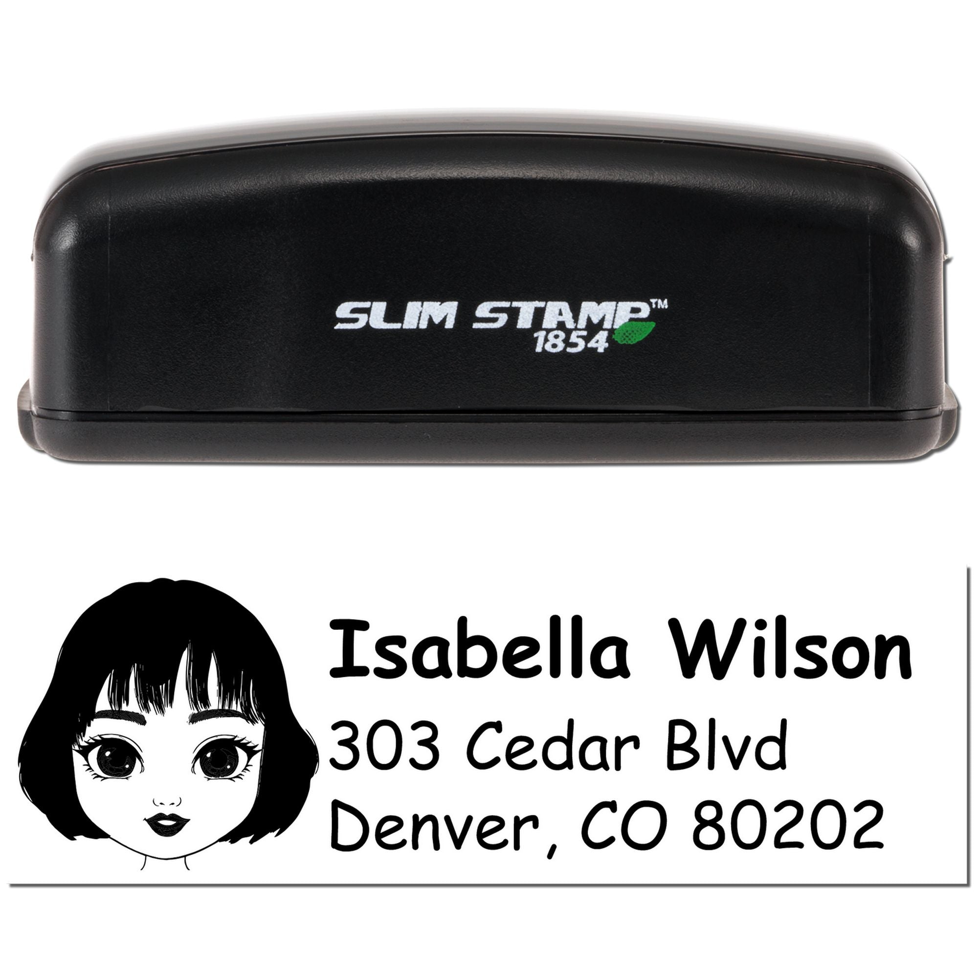 Slim Stamp 1854 self-inking custom address rubber stamp with name, Denver return address, and cartoon face design.