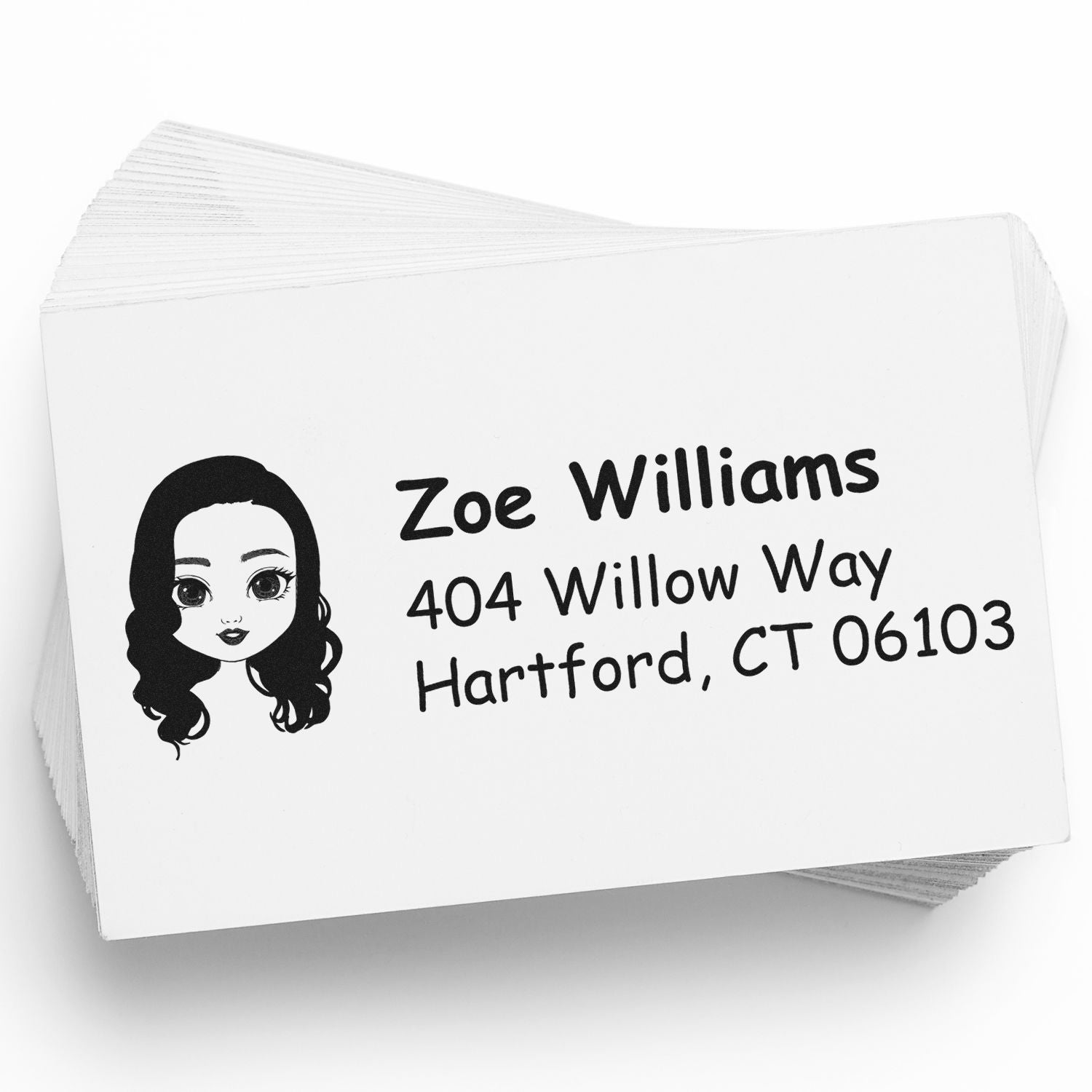 Personalized return address rubber stamp with girl portrait and Zoe Williams mailing address, Hartford, CT.