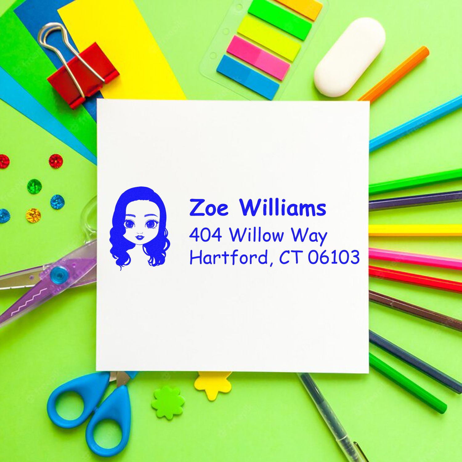 Personalized return address rubber stamp with blue girl icon, perfect for custom stationery and mailing