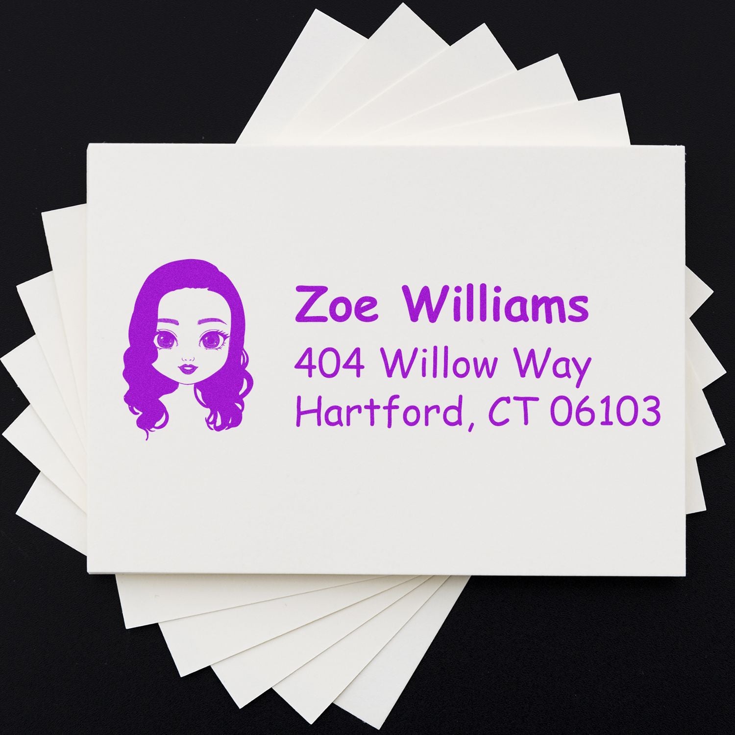 Custom return address rubber stamp with girl portrait, name, and Hartford, CT address in purple ink.