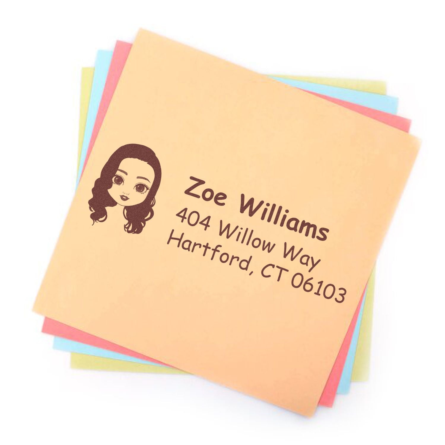Custom address rubber stamp with portrait icon for personalized envelopes, stationery and invitations.