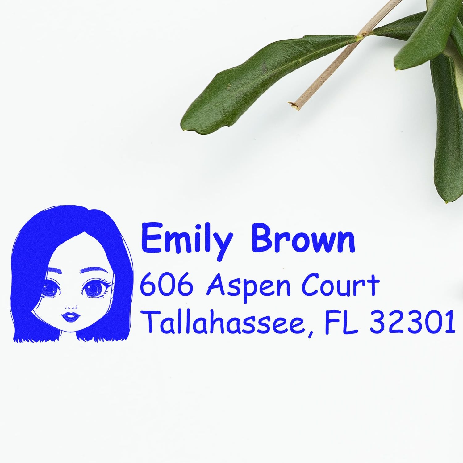 Personalized rubber address stamp for Emily Brown, 606 Aspen Court, Tallahassee, FL 32301, with avatar logo.