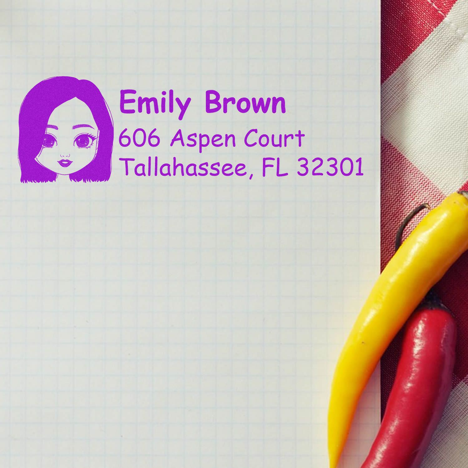 Custom personalized address rubber stamp with avatar for mailing, Emily Brown, 606 Aspen Court, Tallahassee, FL 32301.