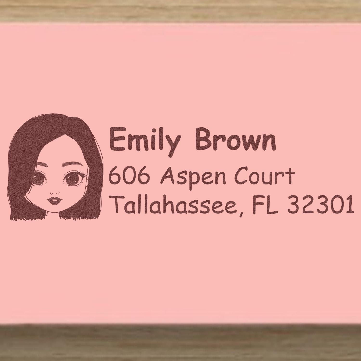 Personalized return address rubber stamp with girl avatar, Emily Brown, 606 Aspen Court, Tallahassee, FL 32301