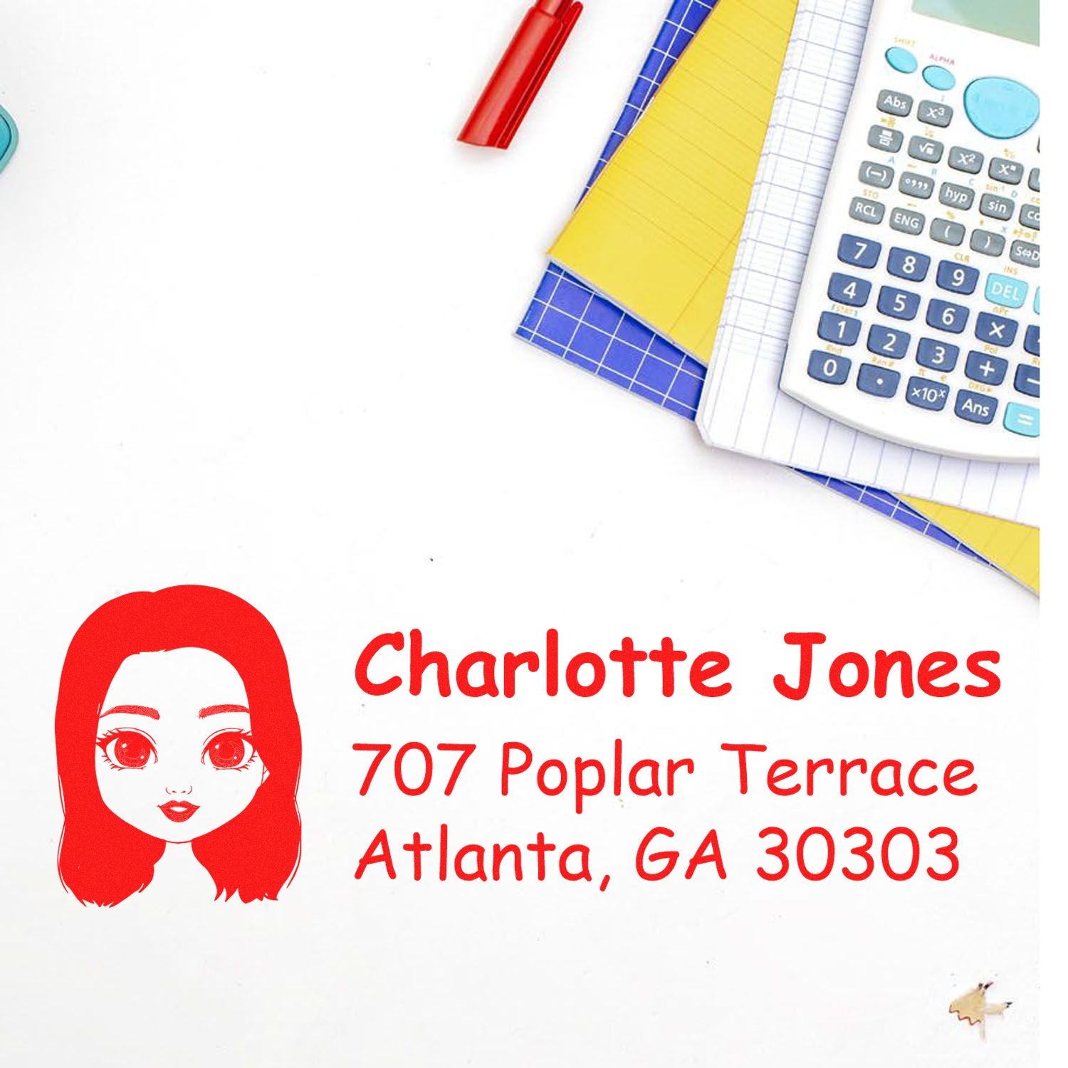 Custom return address rubber stamp for Charlotte Jones, 707 Poplar Terrace, Atlanta, GA 30303.