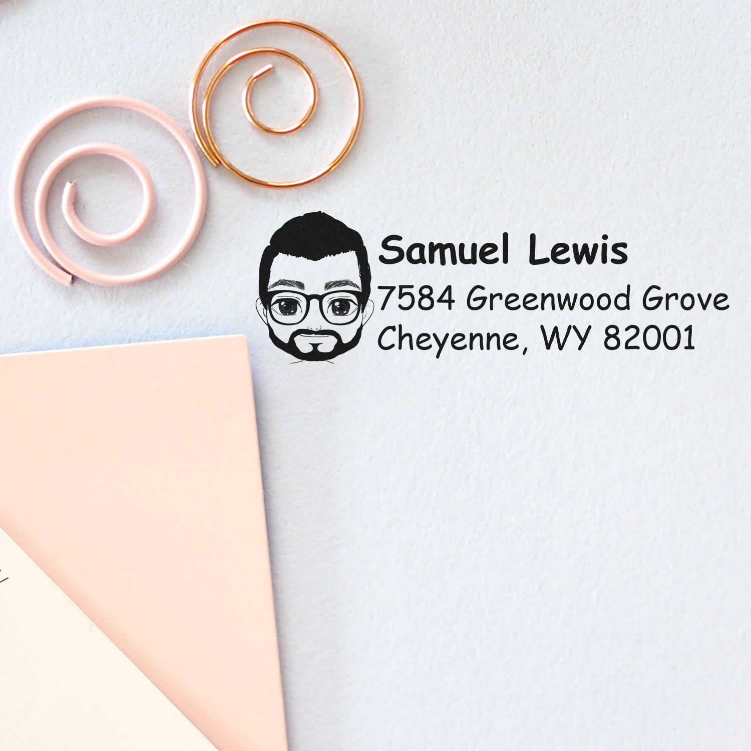 Custom return address rubber stamp with personalized name, avatar, and Cheyenne, WY address for mailing envelopes.