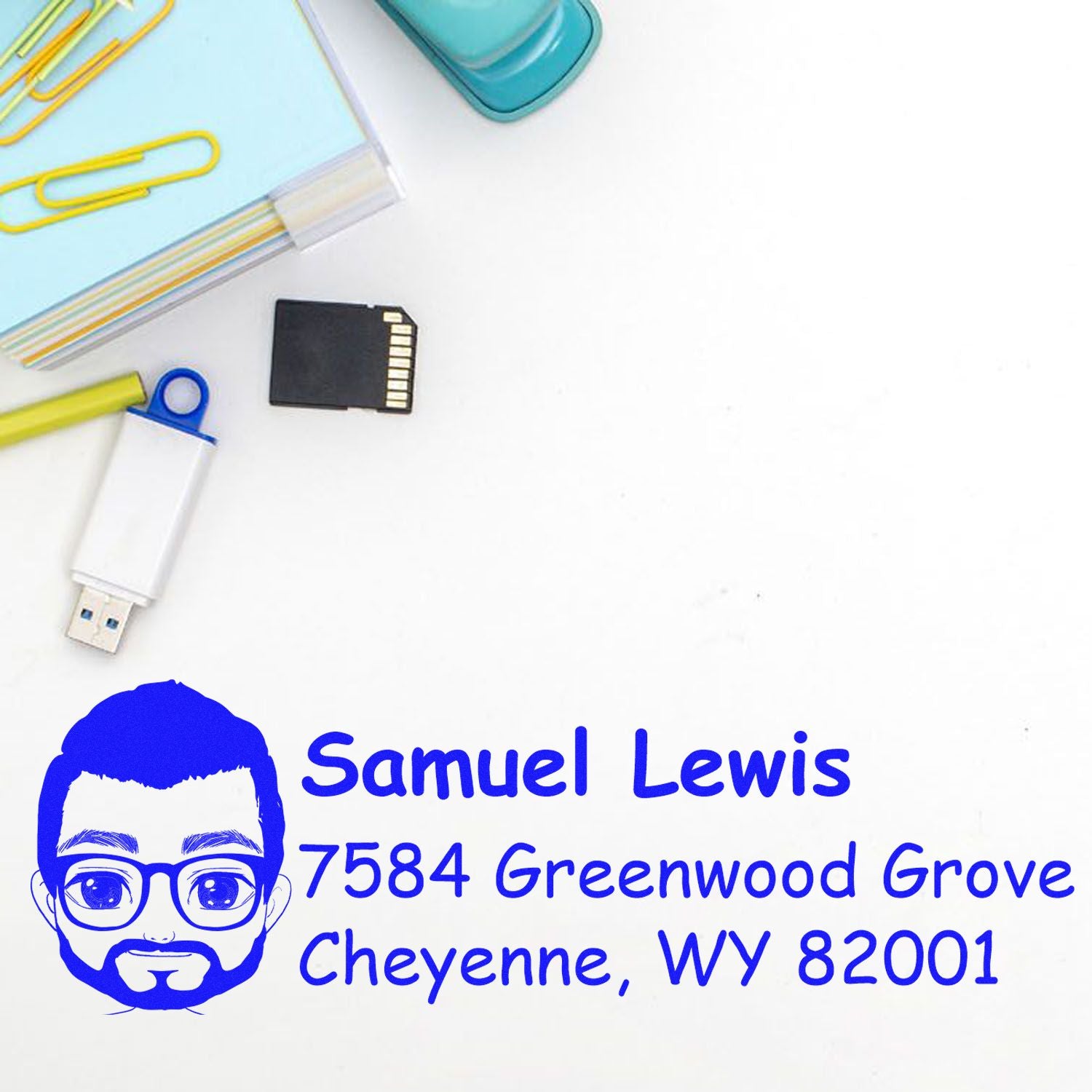 Custom address rubber stamp with avatar, Samuel Lewis, 7584 Greenwood Grove, Cheyenne, WY 82001.