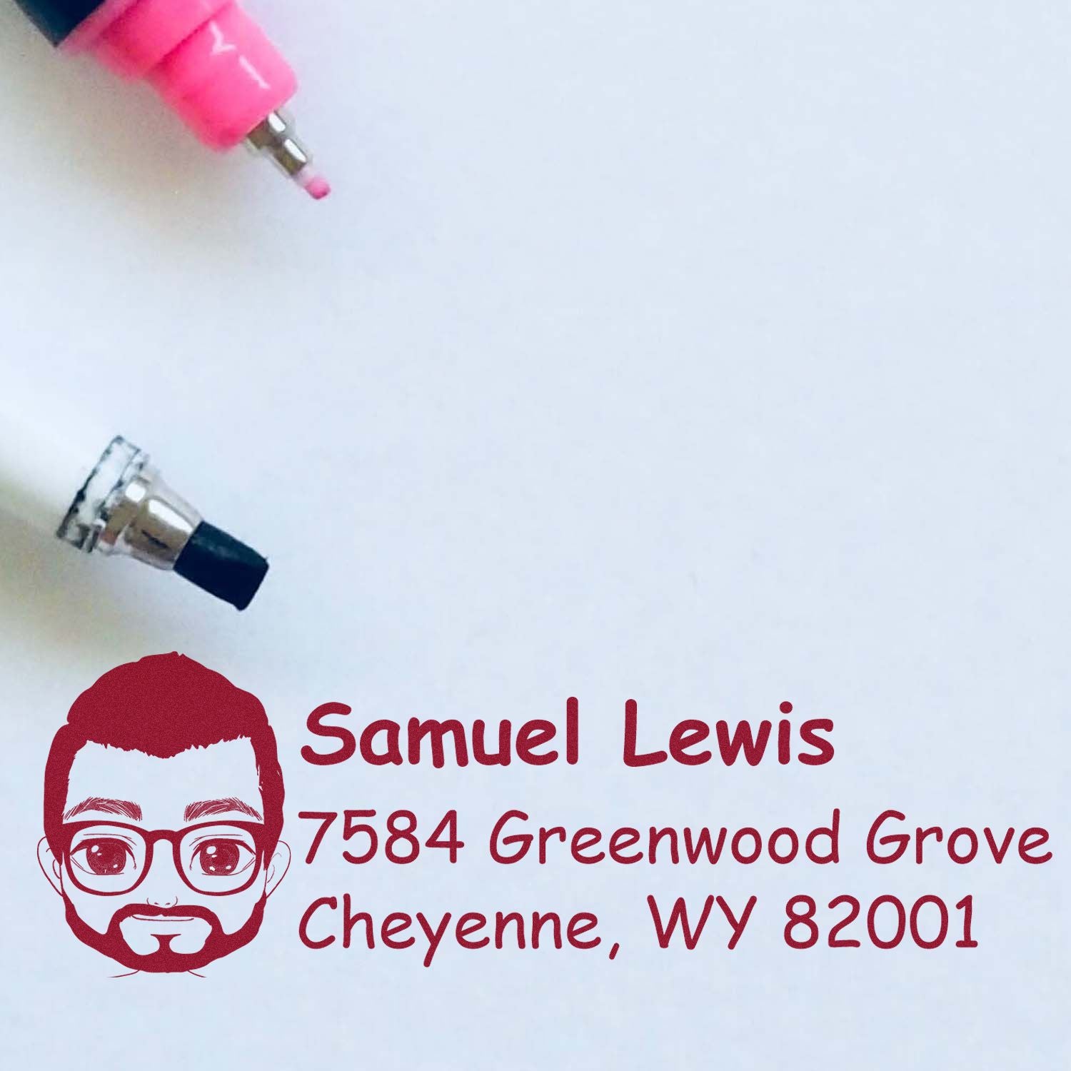 Custom rubber address stamp with illustrated portrait, Samuel Lewis, and Cheyenne, WY address imprint
