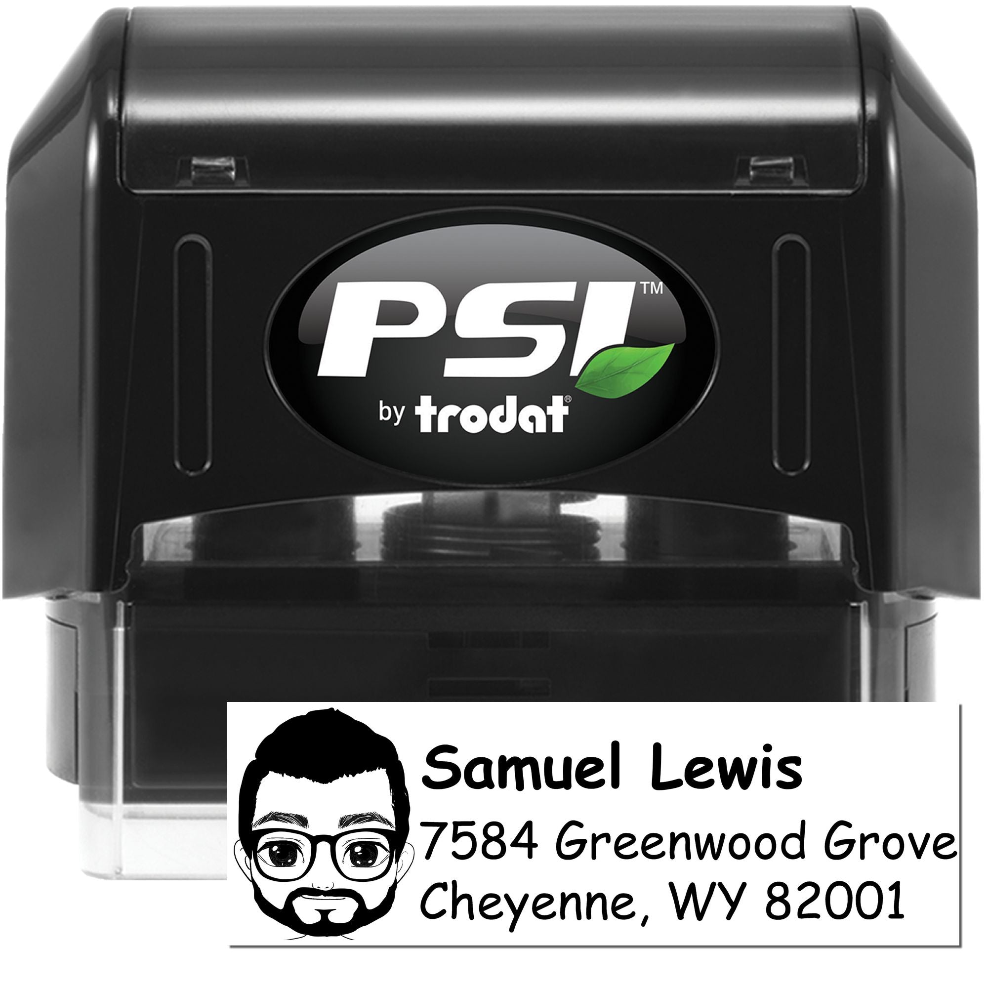 Custom self-inking address rubber stamp by PSI Trodat with personalized name and return address design.