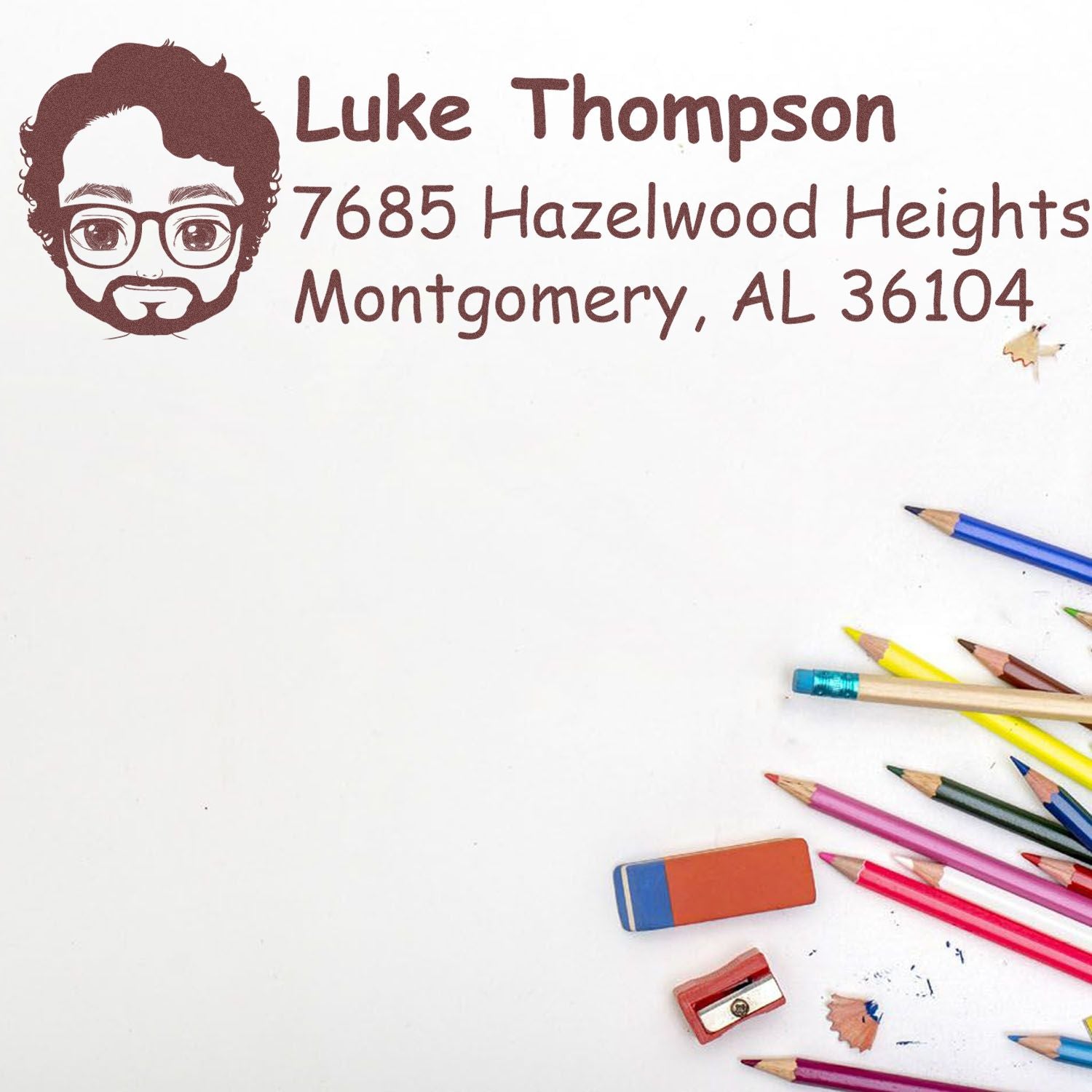 Custom personalized return address rubber stamp with avatar for Luke Thompson, Montgomery, AL 36104.