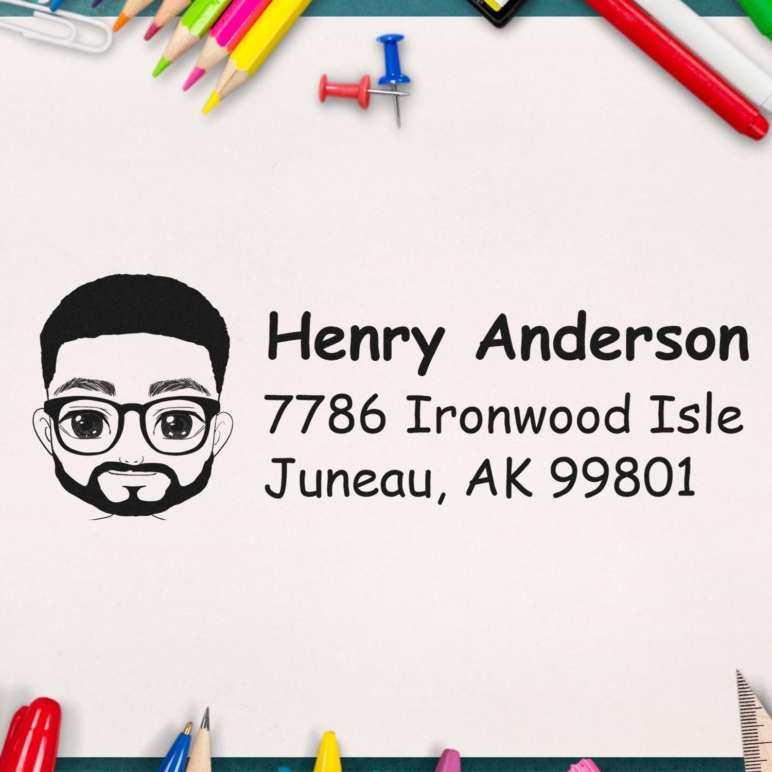 Custom return address rubber stamp with illustrated face design, ideal for mailing, stationery, and personal branding.