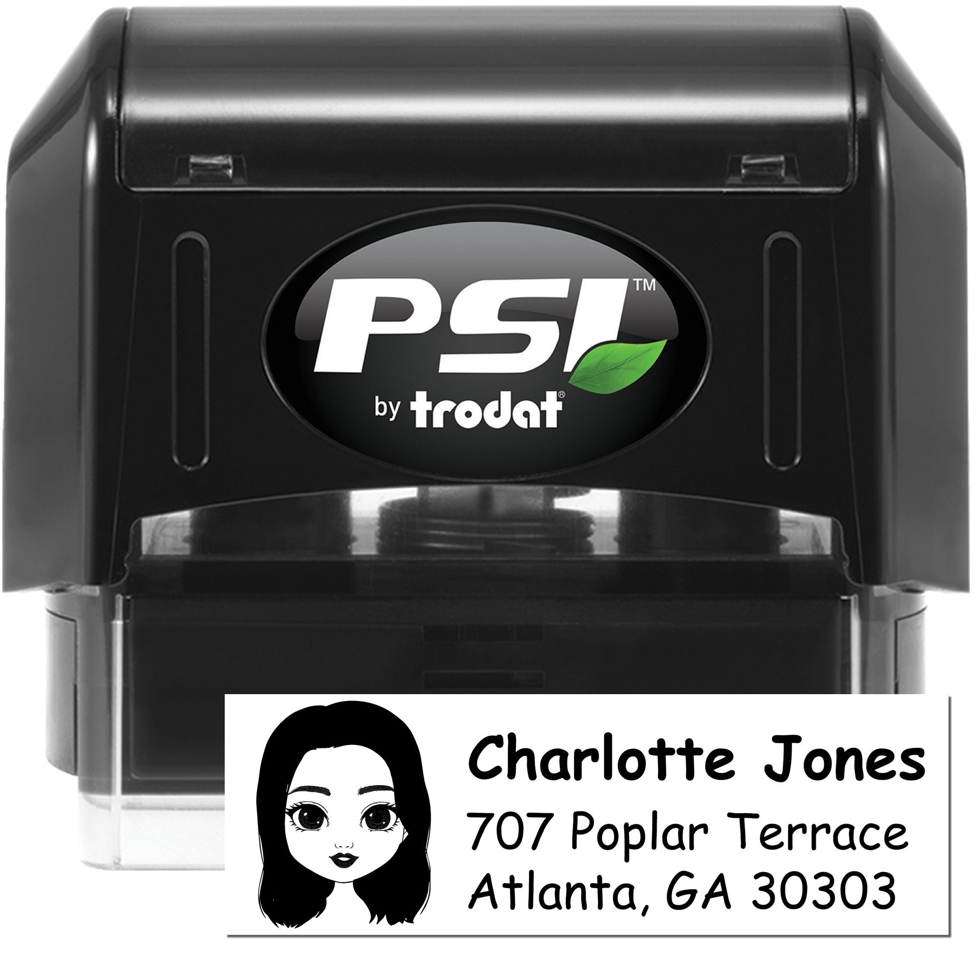 PSI by Trodat self-inking custom address rubber stamp with personalized name and Atlanta, GA mailing address.