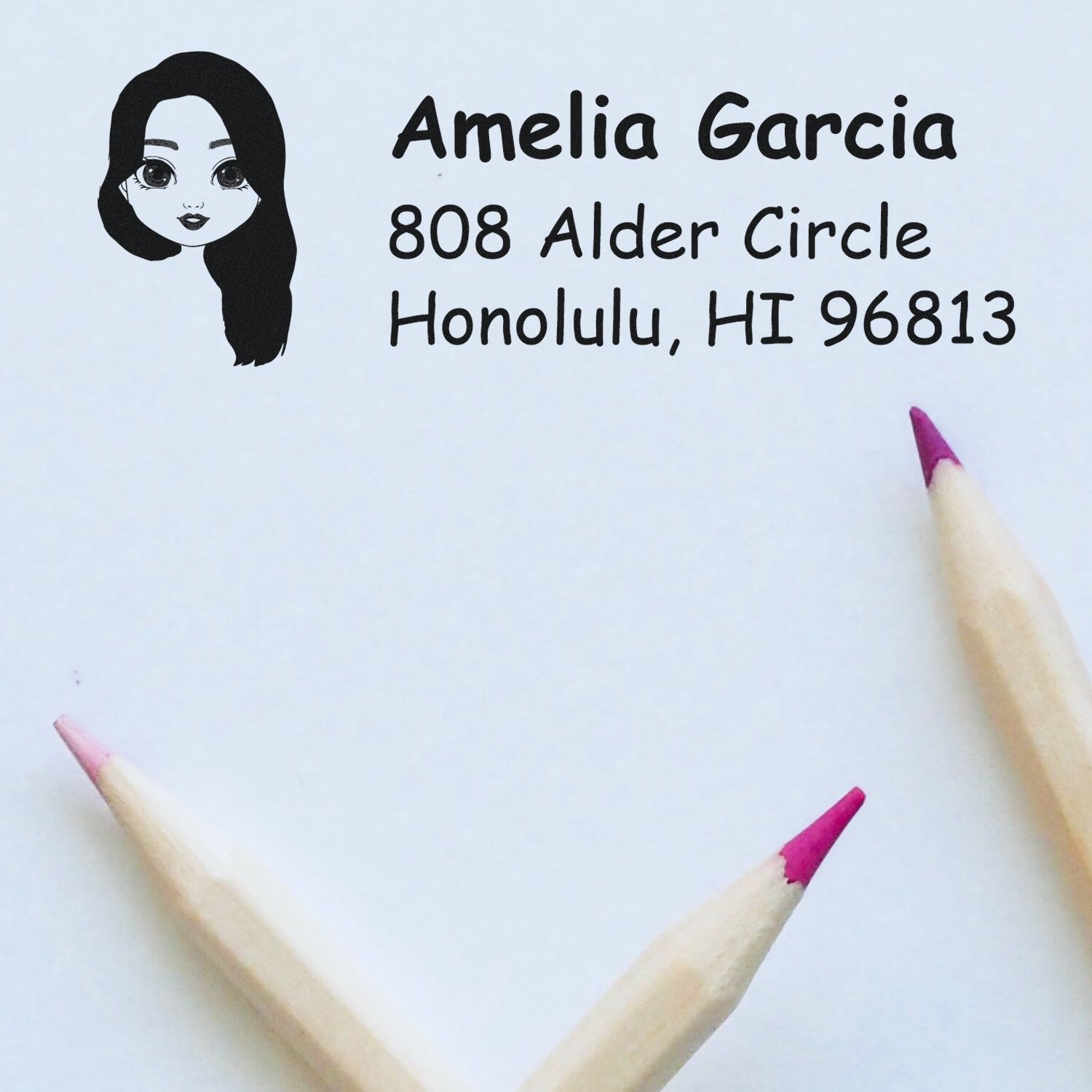 Custom rubber address stamp with girl portrait, Amelia Garcia return address, Honolulu HI, for personalized mailing needs
