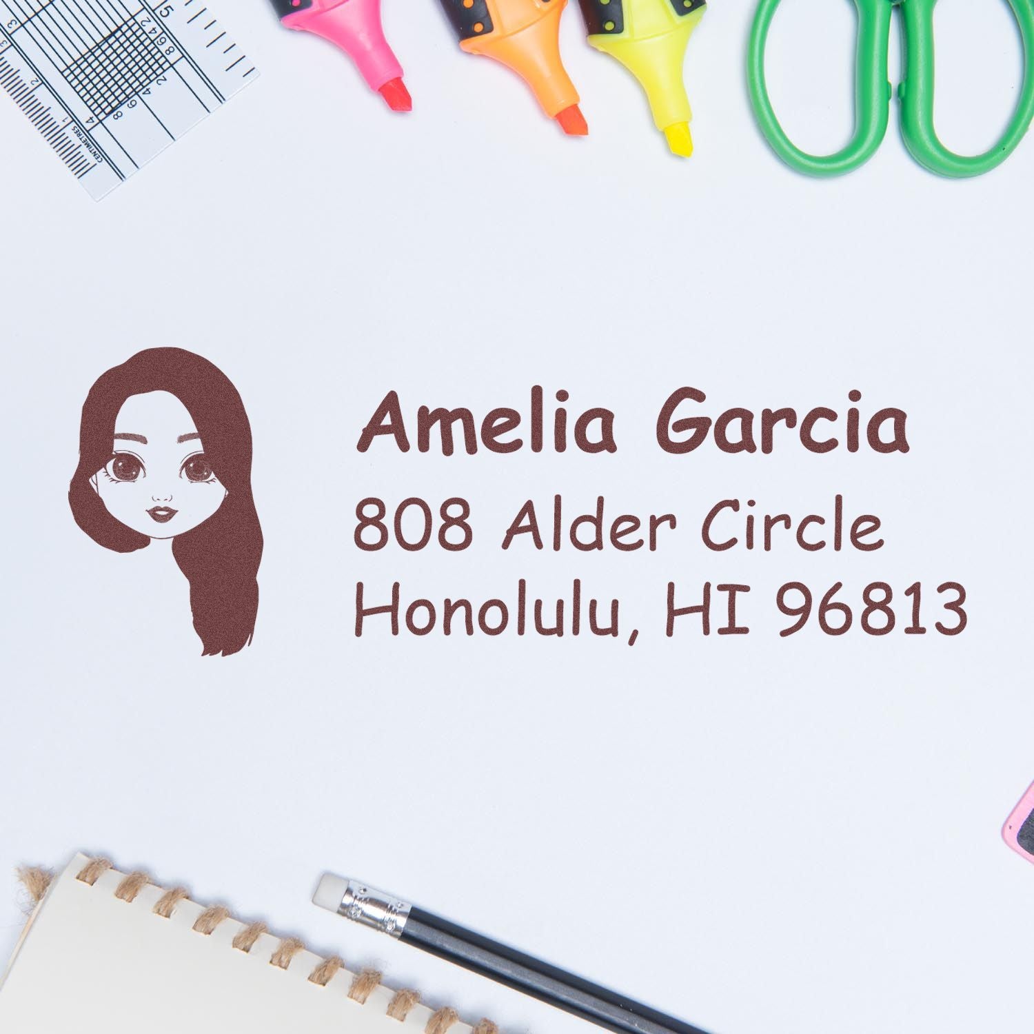 Personalized rubber address stamp with girl illustration for Amelia Garcia, Honolulu, HI, ideal for mailing and stationery.