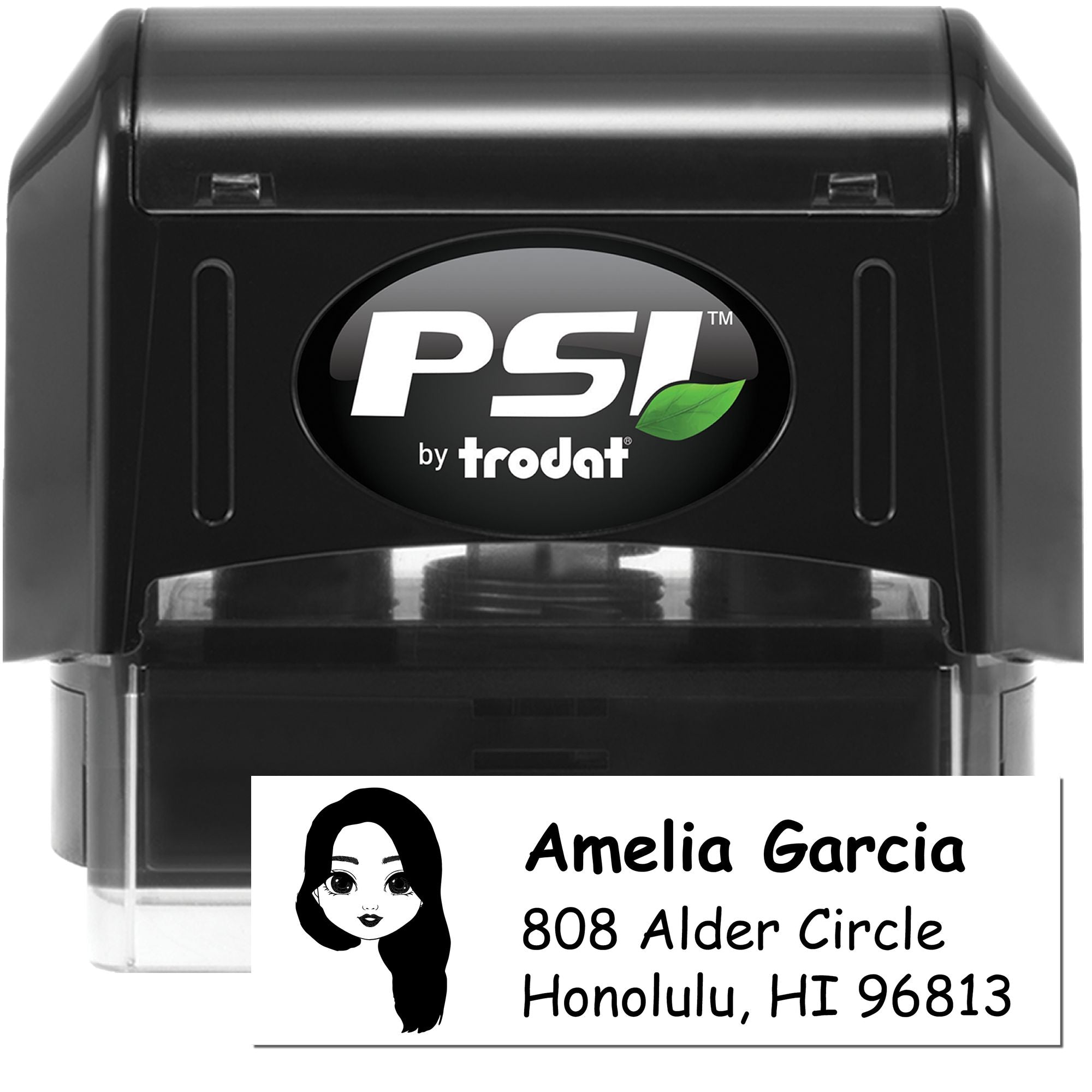 PSI by Trodat self-inking custom address rubber stamp with sample return address imprint for mailing use