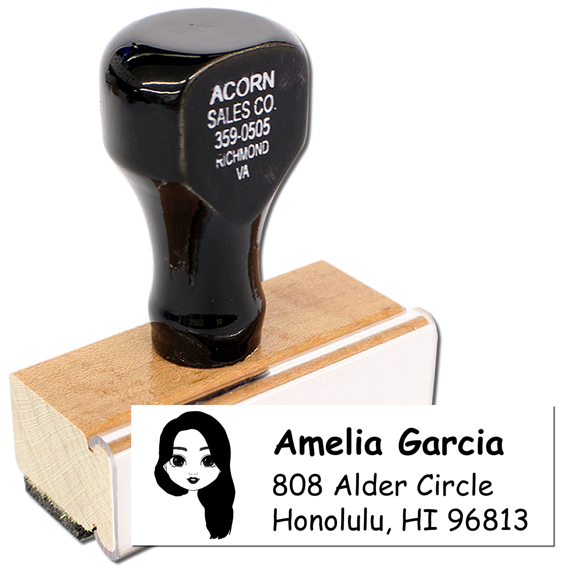 Custom self-inking address rubber stamp with personalized name and return address for mailing labels.