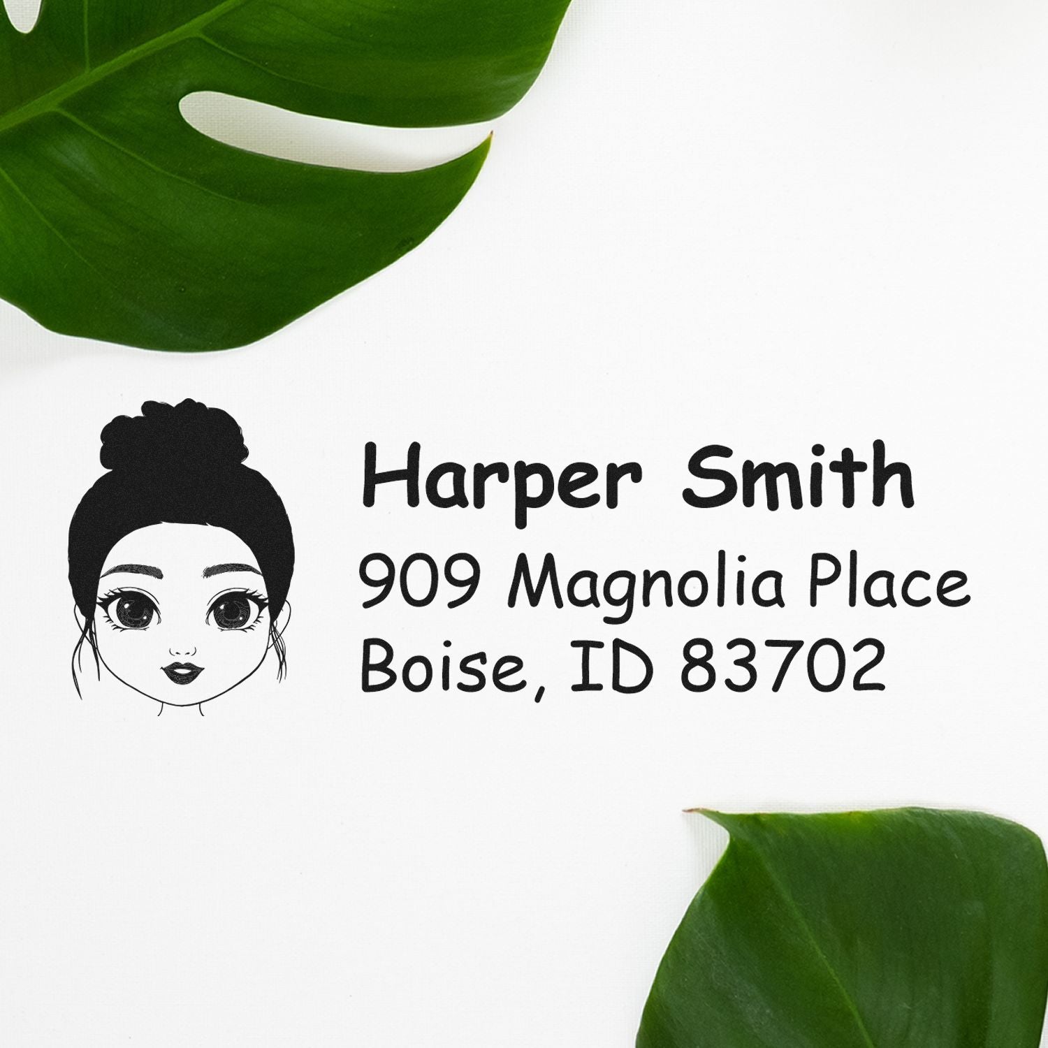 Custom return address rubber stamp with female avatar logo for Harper Smith, Boise, ID 83702.