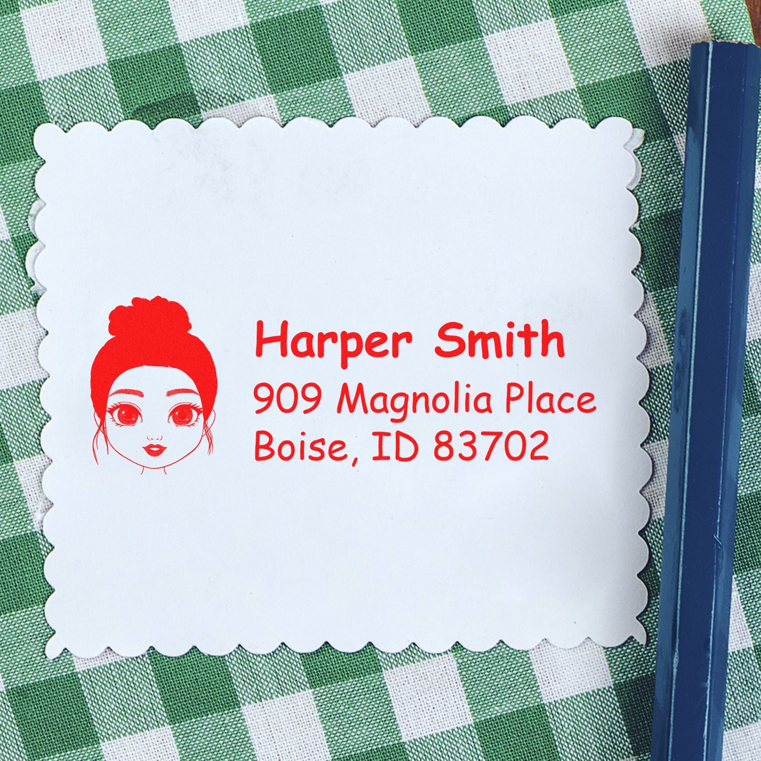 Custom return address rubber stamp with girl icon and scalloped label design for envelopes and stationery.