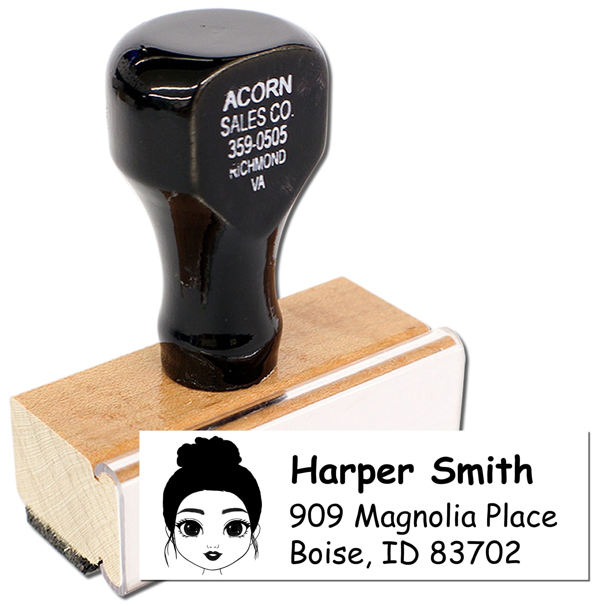 Custom return address rubber stamp with wooden handle, featuring Harper Smith name, address, and woman illustration.