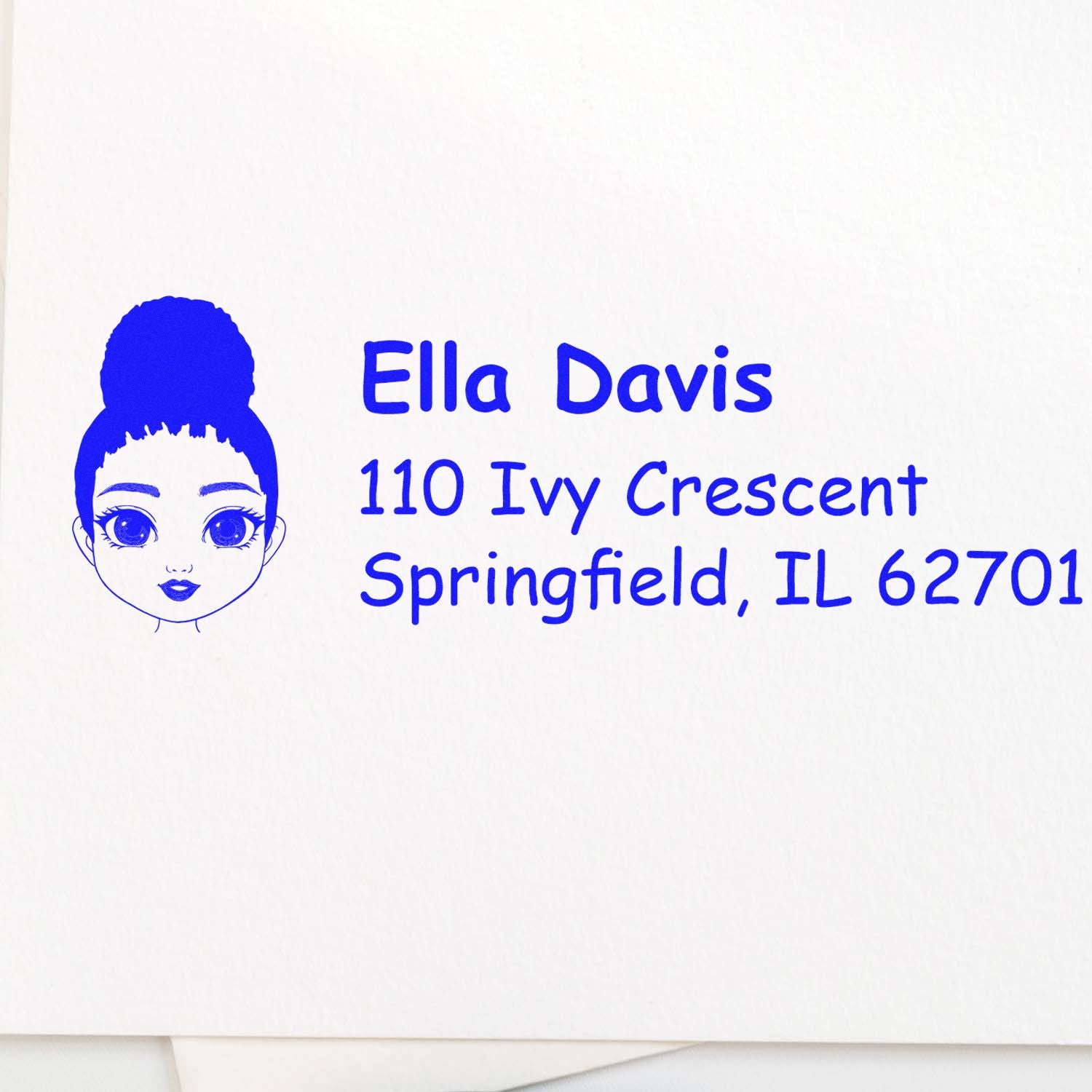 Custom rubber address stamp with girl logo for Ella Davis, 110 Ivy Crescent, Springfield, IL 62701.