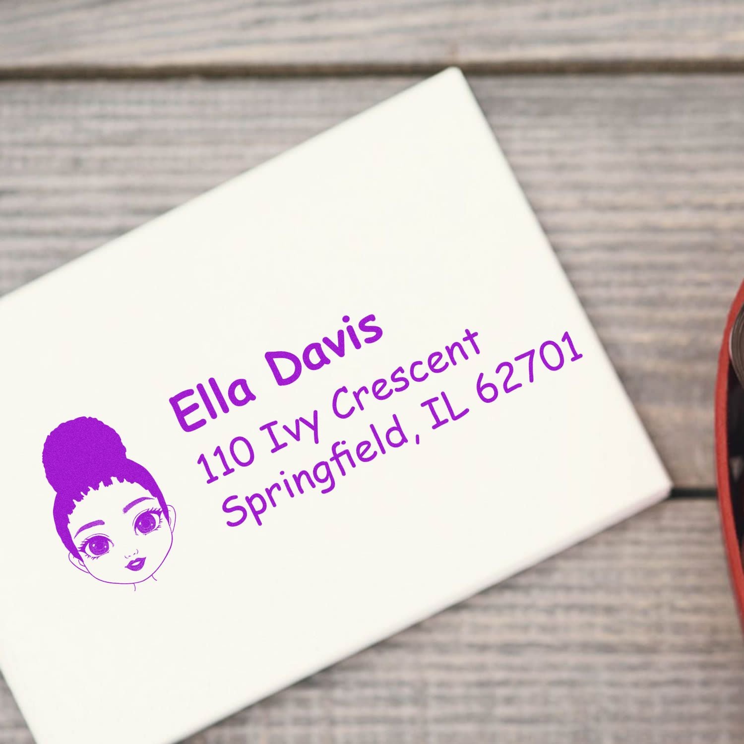 Personalized return address rubber stamp with cartoon girl design for custom envelopes and mailing labels