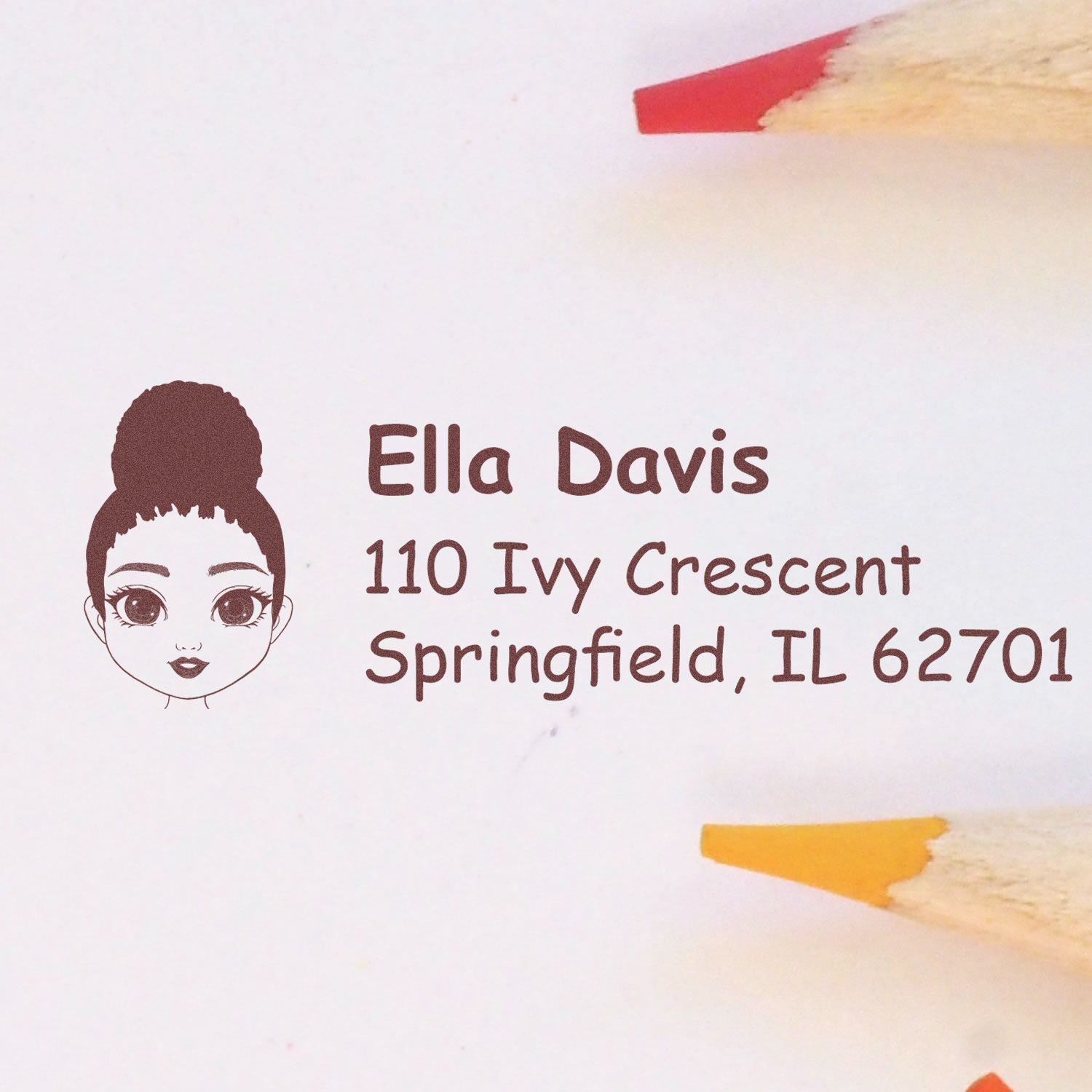 Personalized return address rubber stamp with girl illustration for Ella Davis, Springfield, IL.